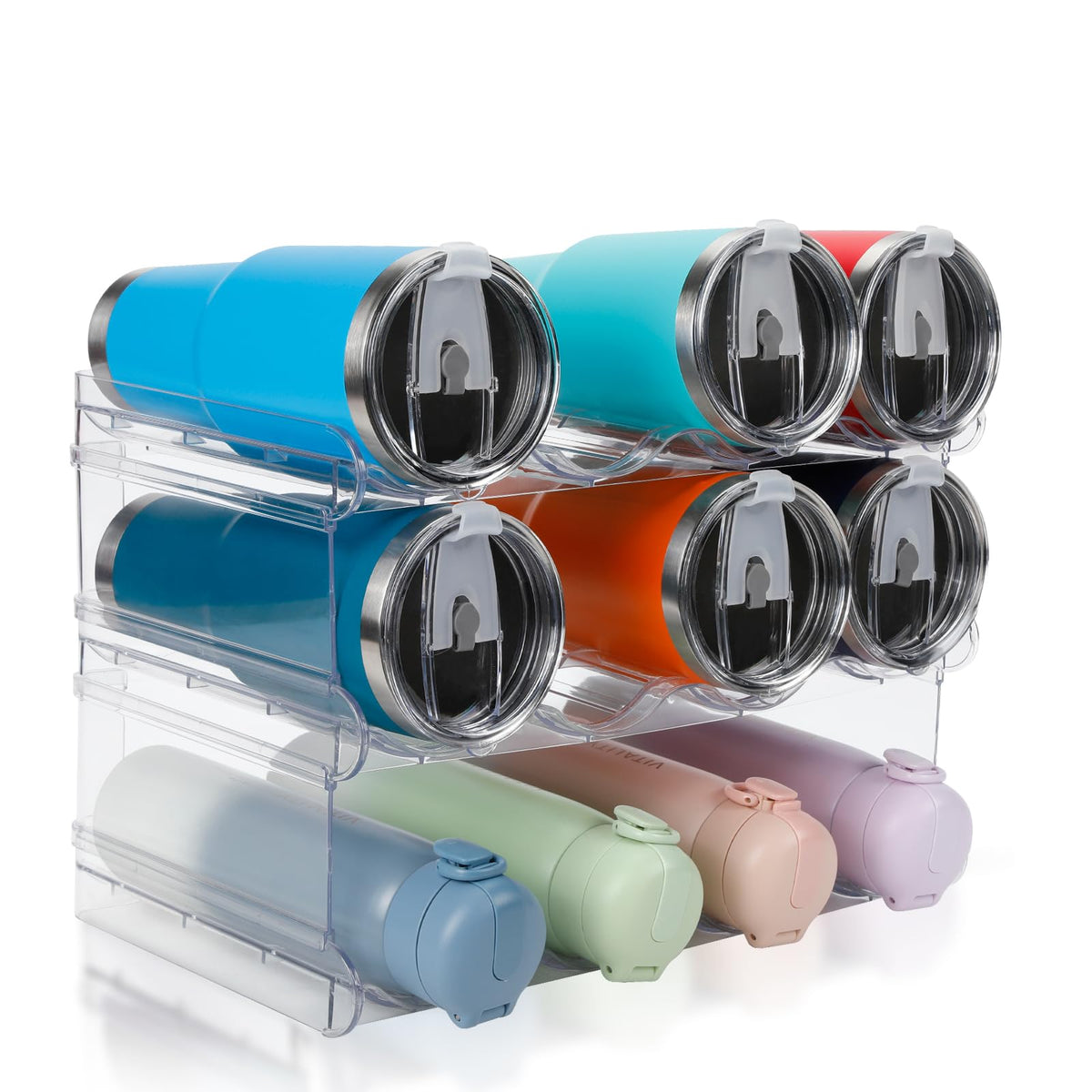 Spospo stackable bottle organizer with large compartments for easy cabinet storage.