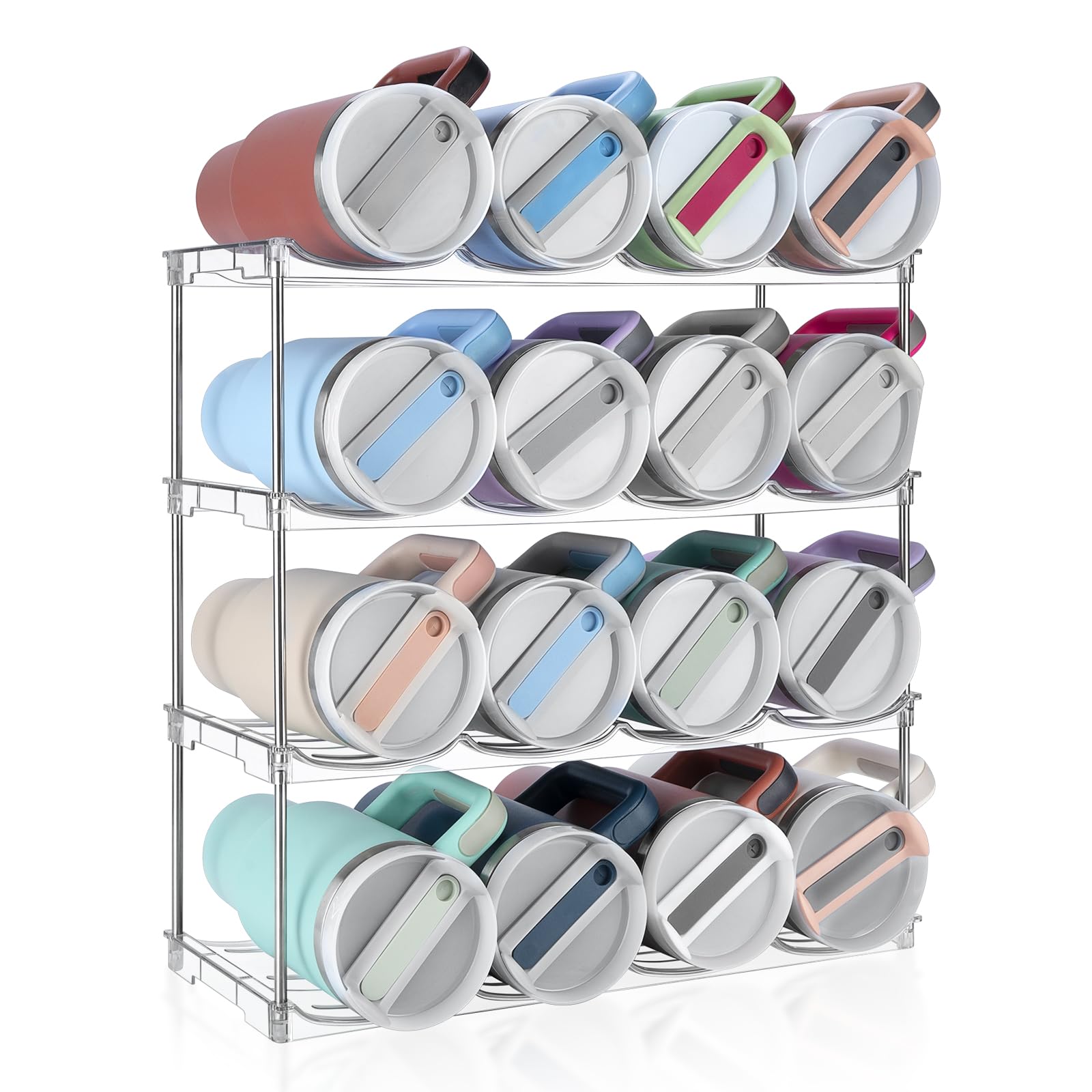 Spospo stackable water bottle organizer shows large compartments for tidy storage.