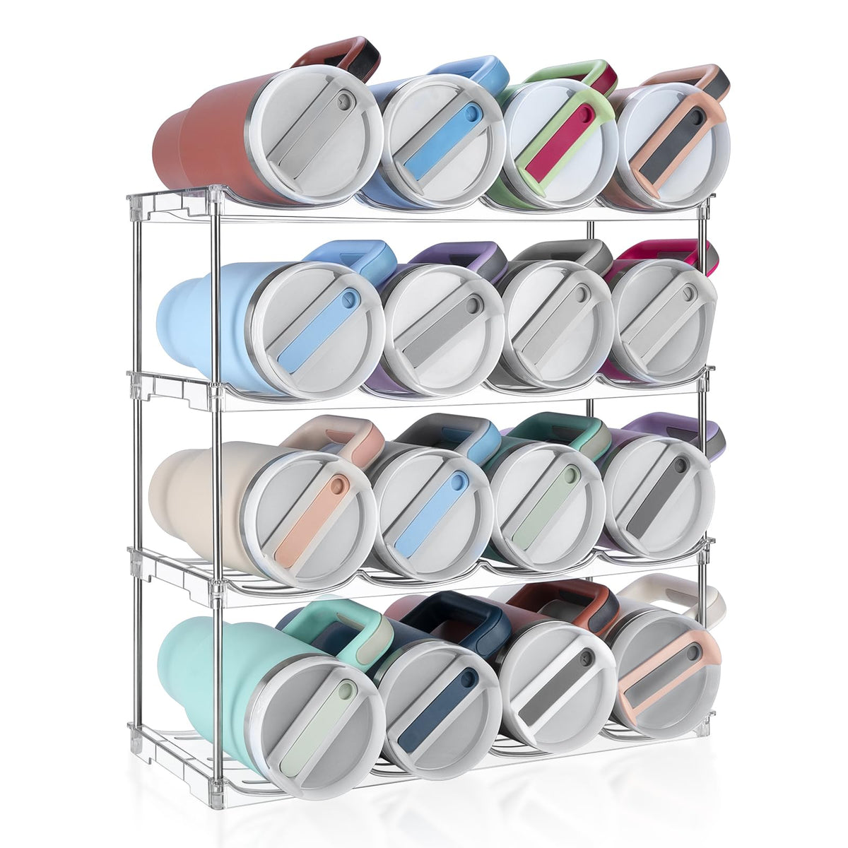 Spospo stackable water bottle organizer shows large compartments for tidy storage.