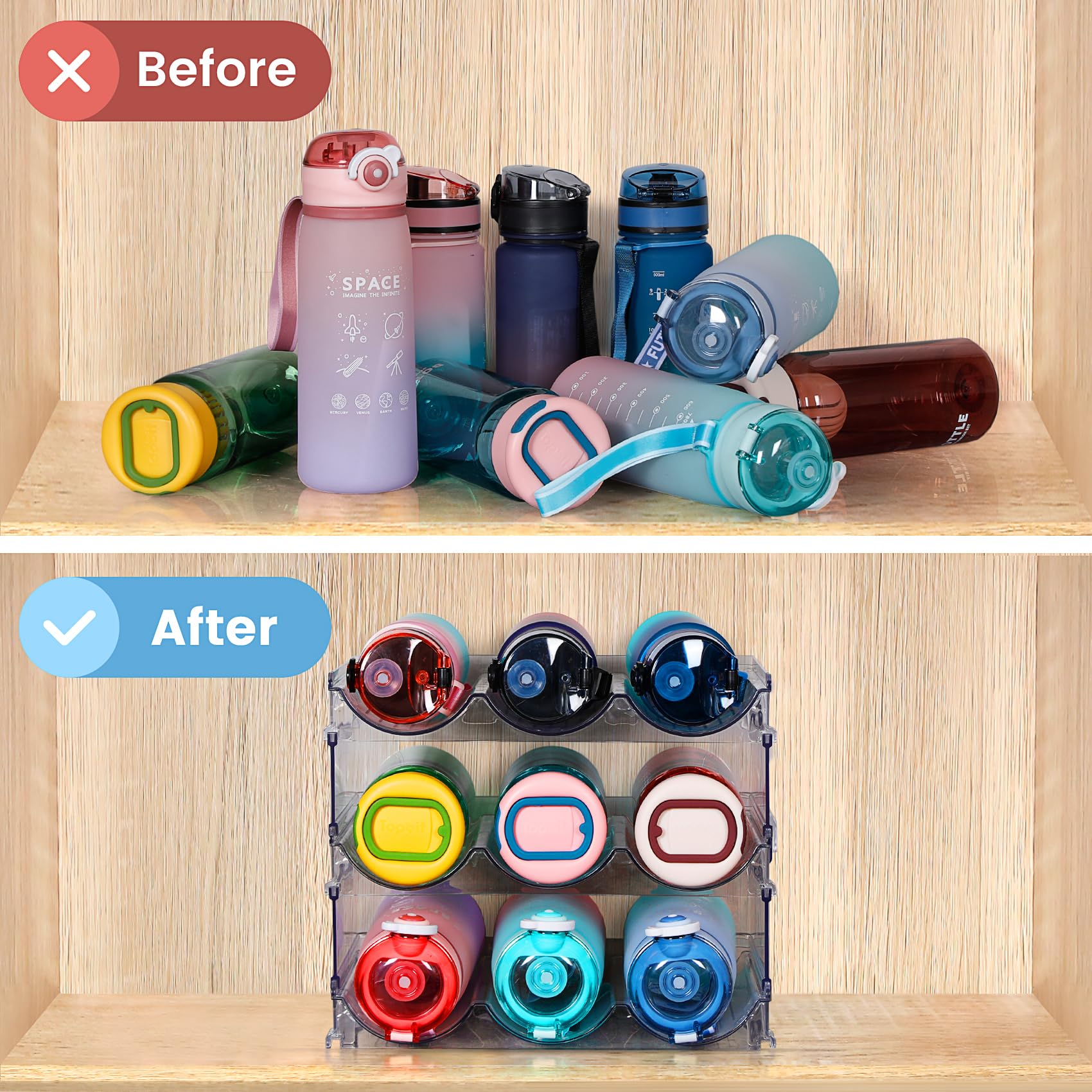 Spospo stackable water bottle shelf saves fridge and cabinet space