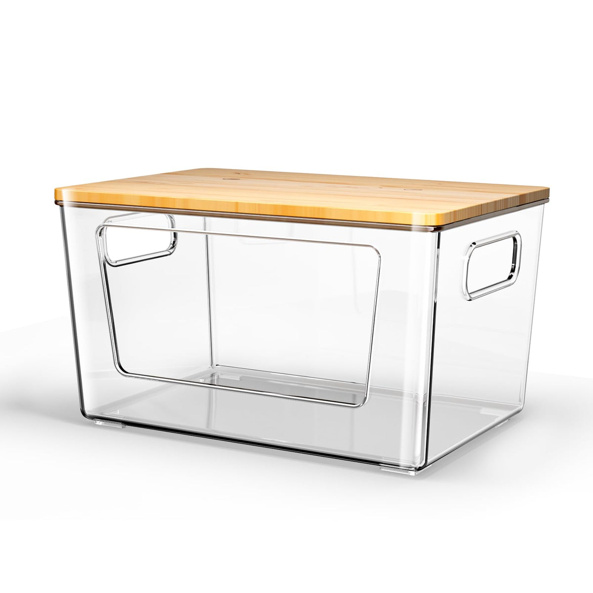 Spospo trash bag holder with bamboo lid, front view showing large capacity.