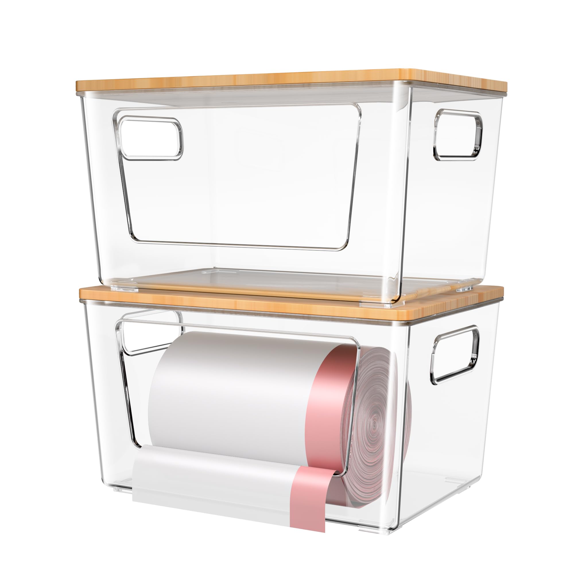 Spospo trash bag holder with bamboo lid shows a stackable design for easy bag access.