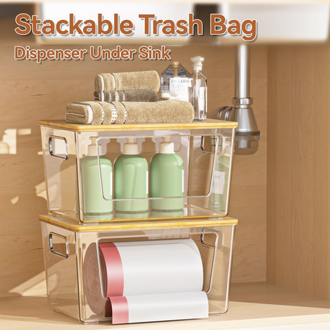 Spospo stackable trash bag dispenser demonstrates vertical storage efficiency.