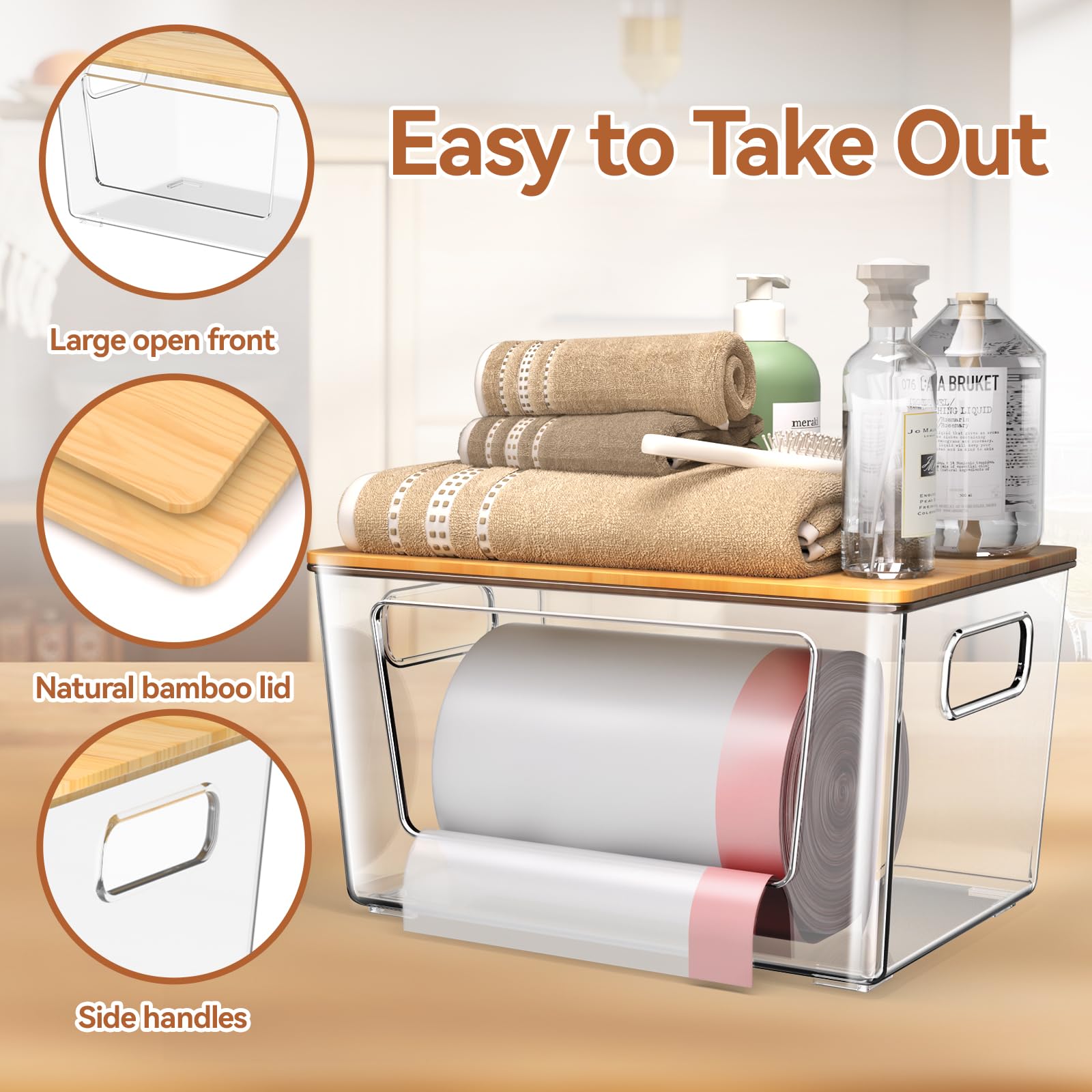 Spospo trash bag dispenser with wide front opening for quick bag retrieval.