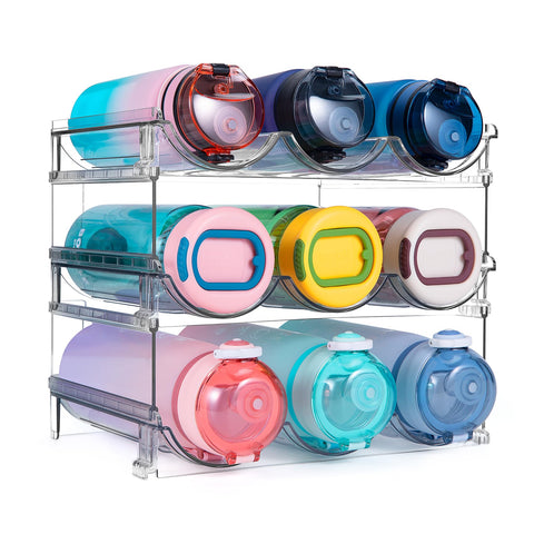 Spospo water bottle organizer stack-3-pack neatly organizes bottles in cabinets