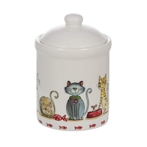 SPOTTED DOG GIFT COMPANY cat-design jar features tabby, white, and fat cat motifs.