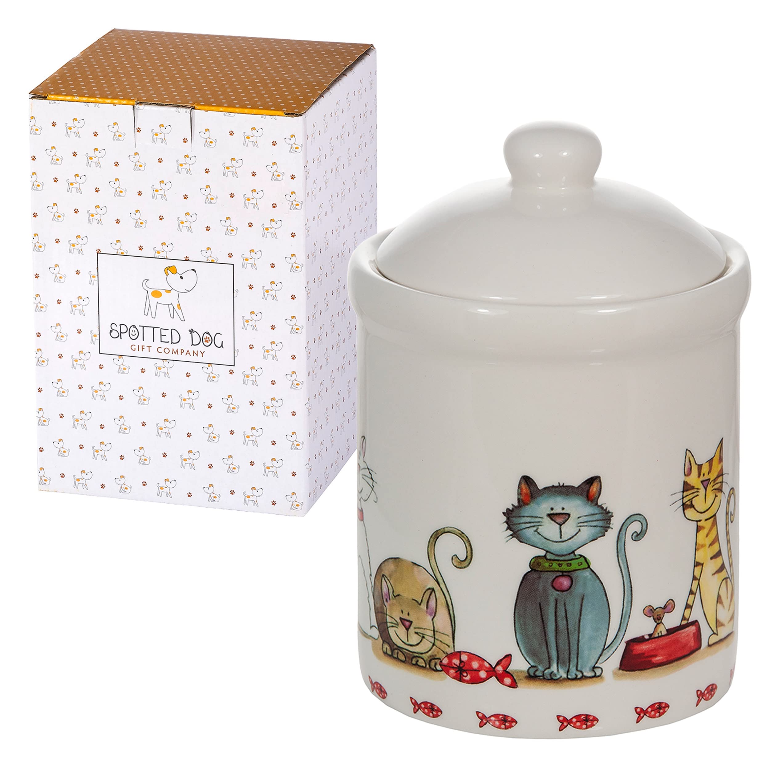 SPOTTED DOG GIFT COMPANY cat jar with lid on counter for organized storage.