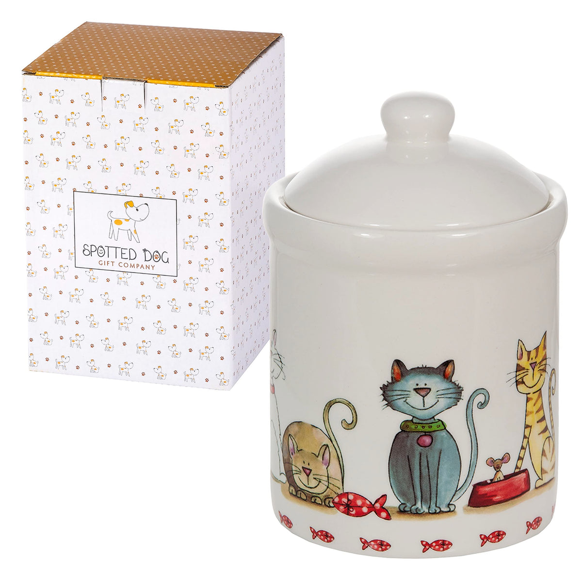 SPOTTED DOG GIFT COMPANY cat jar with lid on counter for organized storage.