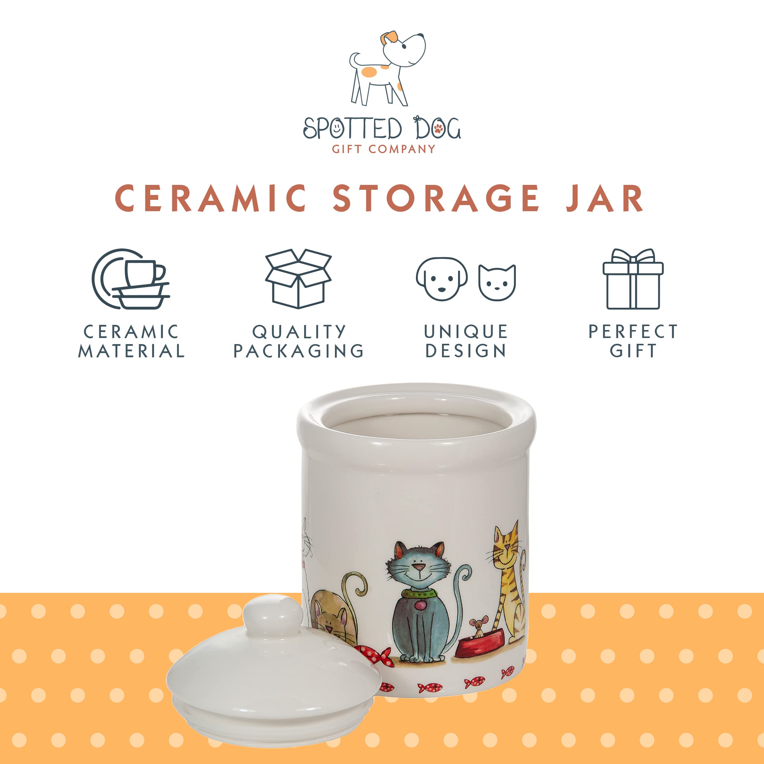 SPOTTED DOG GIFT COMPANY cat-treat-jar on kitchen shelf keeps snacks fresh.