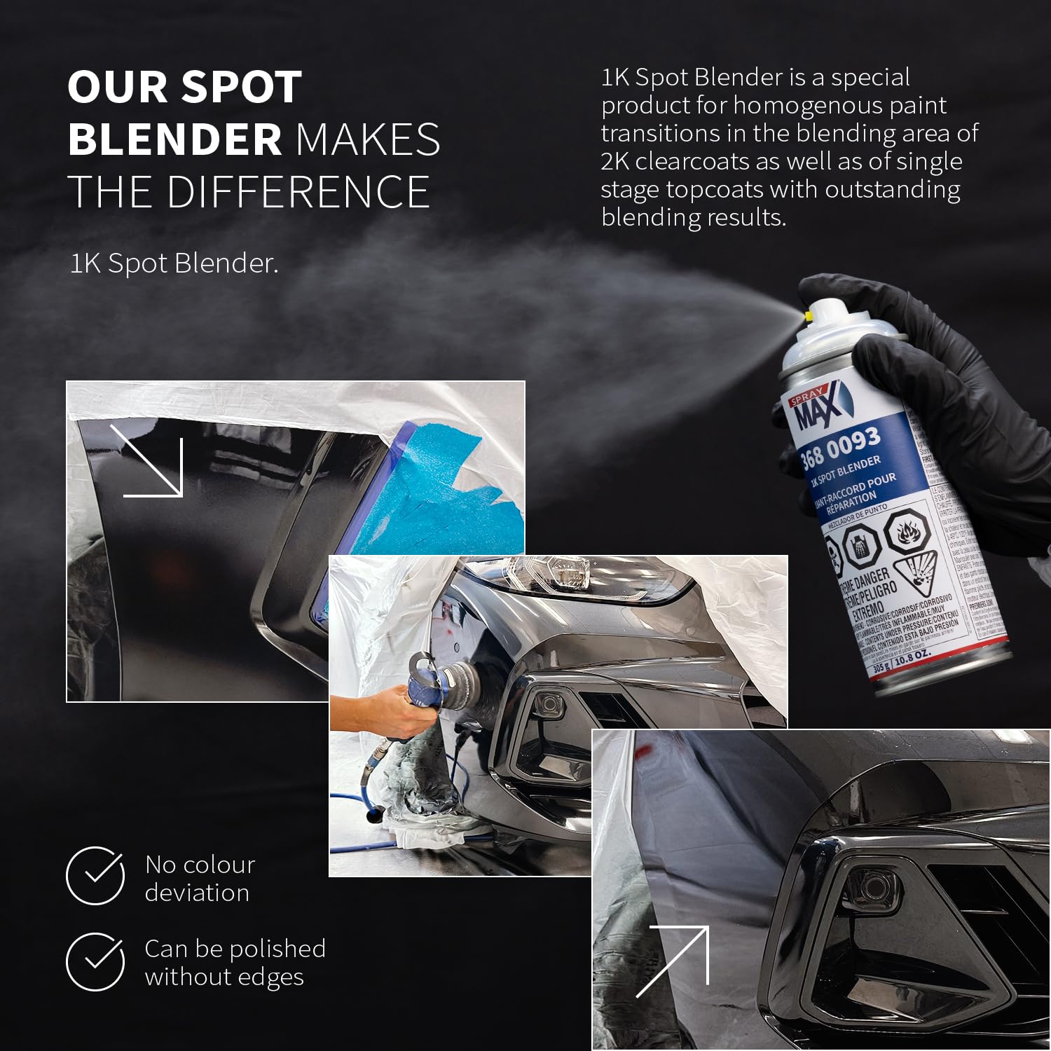 SprayMax 1K Spot Blender Clear applied on a car panel for refinishing