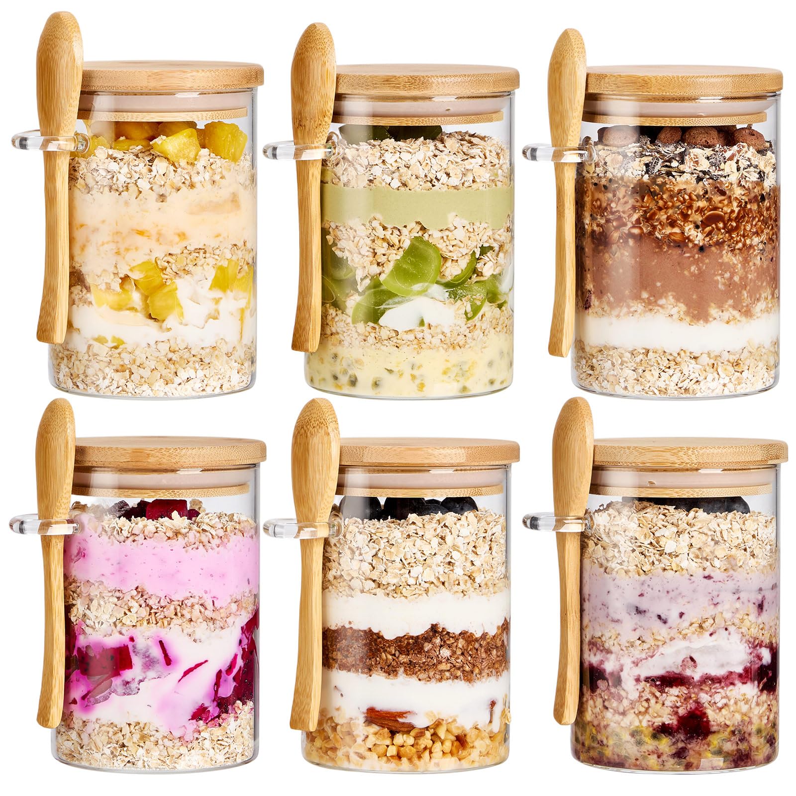 Spreccio 6-pack glass jars with bamboo lids and spoons for organized meal prep.