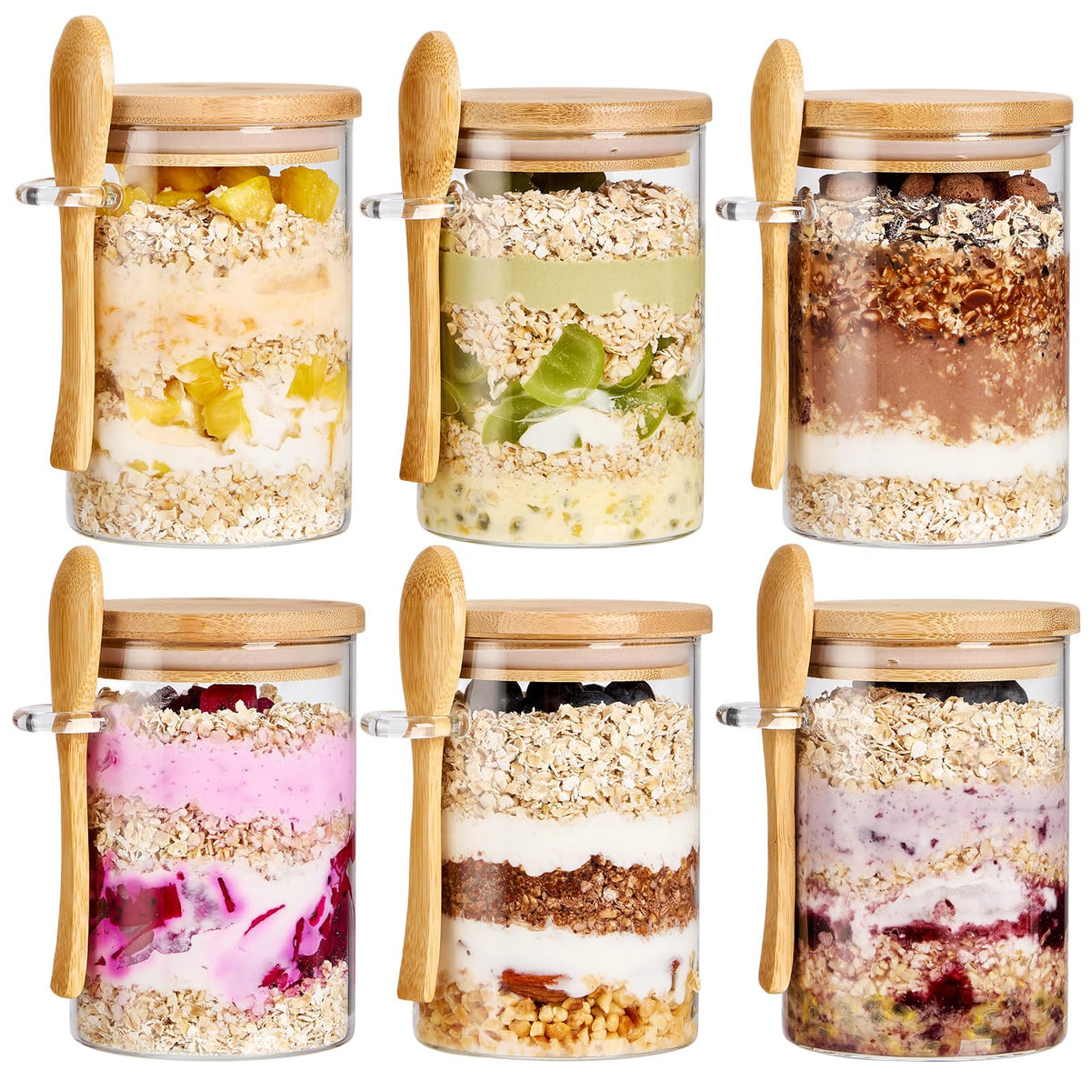 Spreccio 6-pack glass jars with bamboo lids and spoons for organized meal prep.