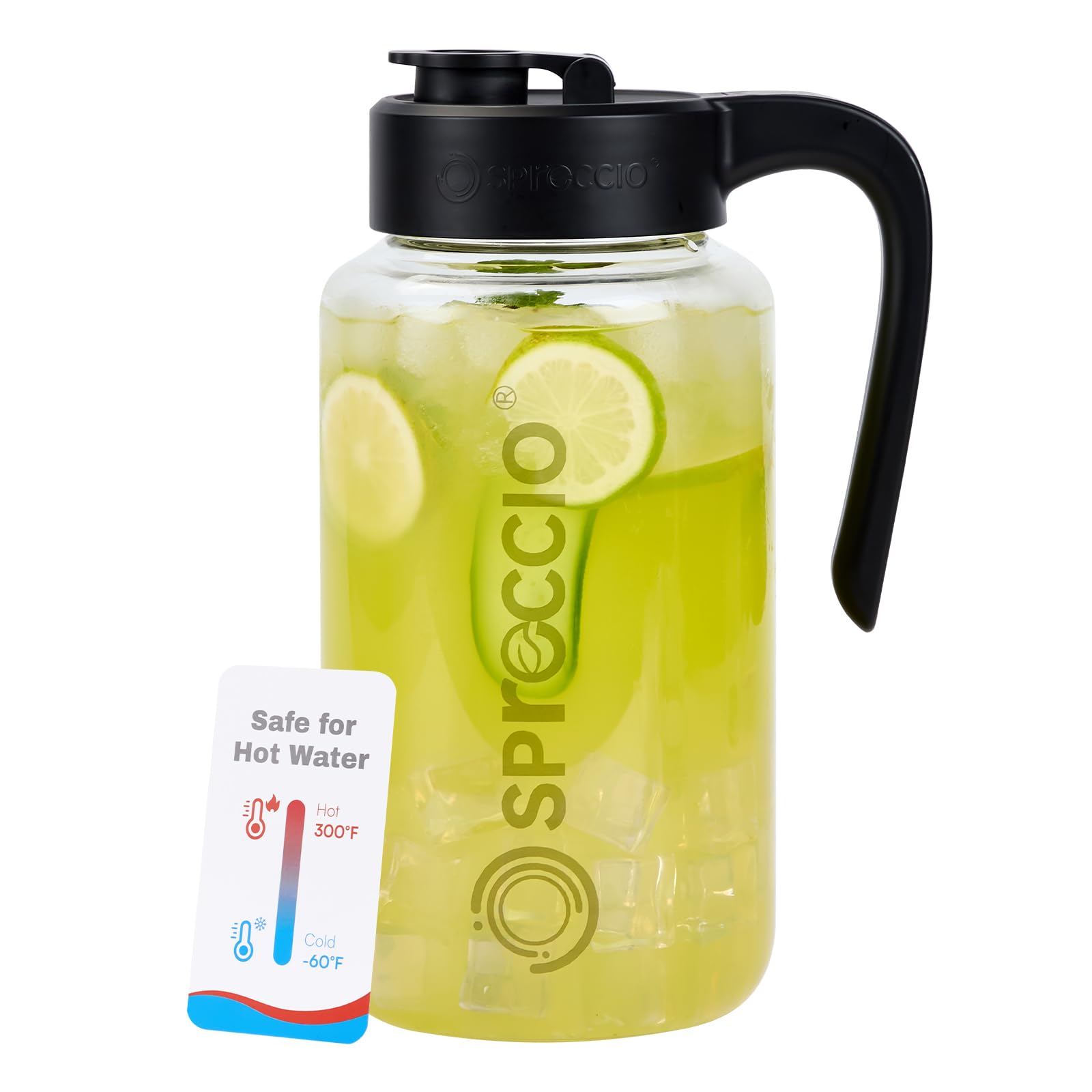Spreccio borosilicate pitcher with lid pour-spout for spill-free serving.
