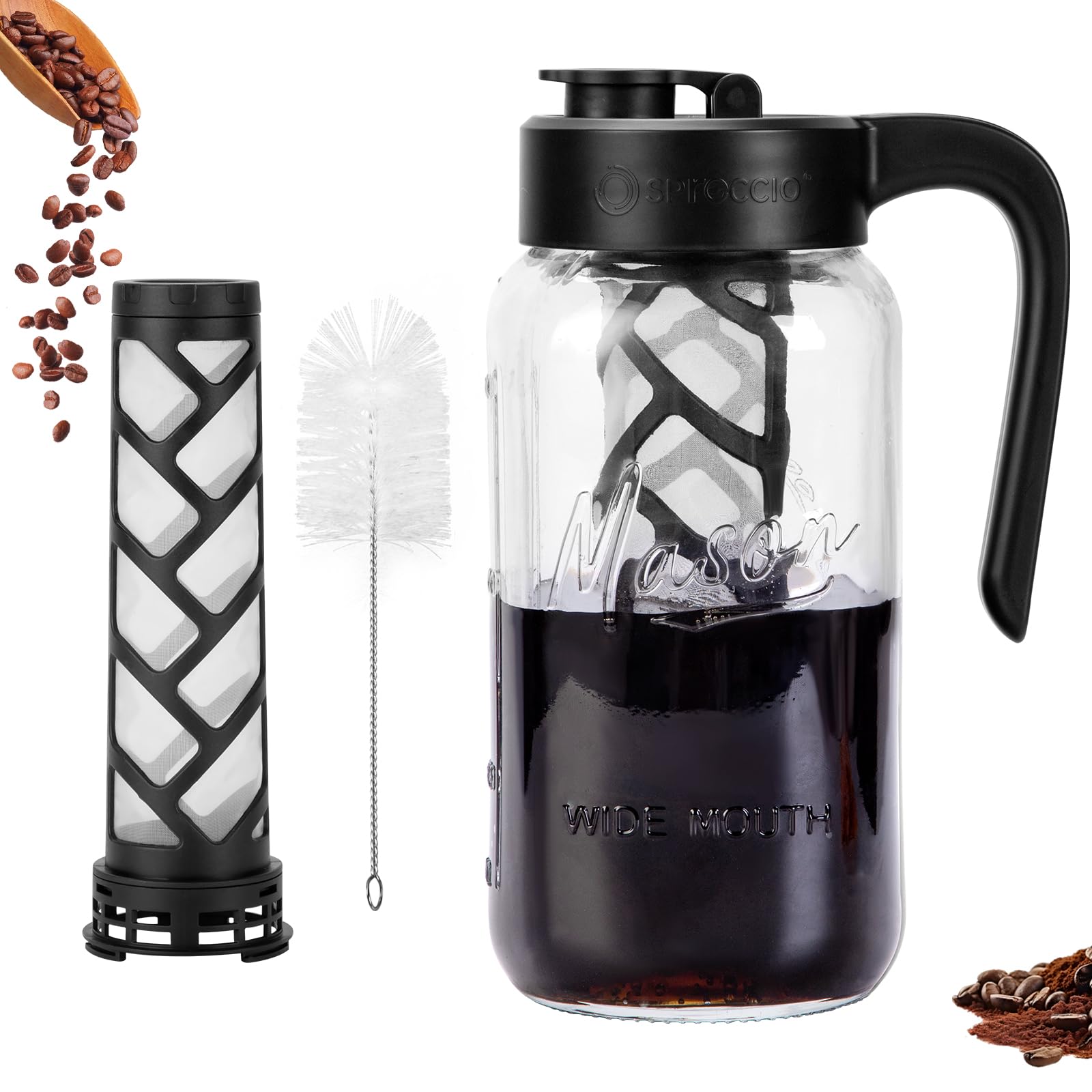 Spreccio glass pitcher with lid shows airtight design for mess-free storage.