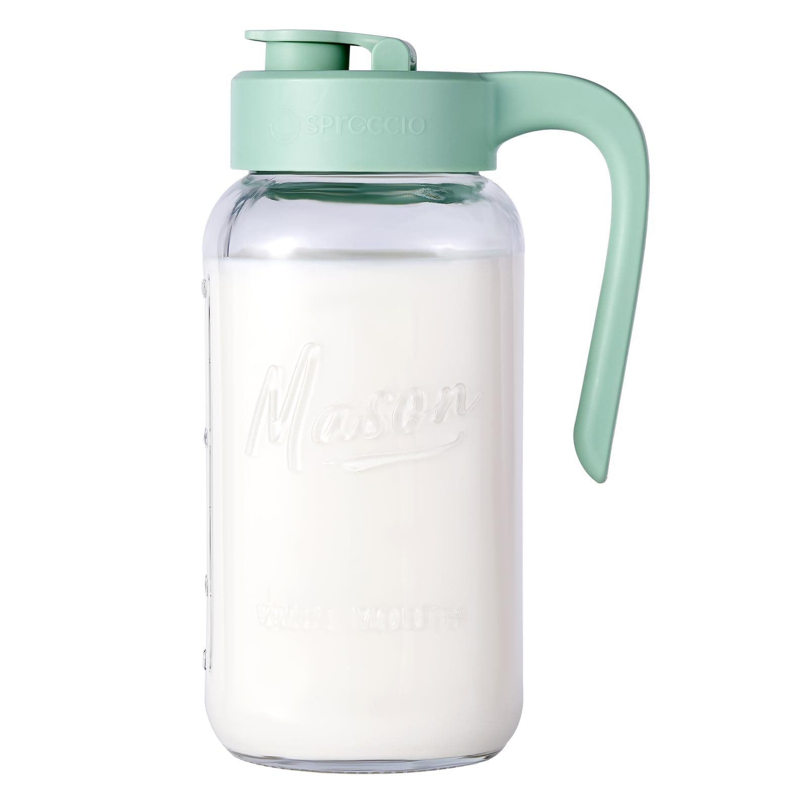 Spreccio mason jar pitcher with airtight lid keeps contents fresh and leak-free.