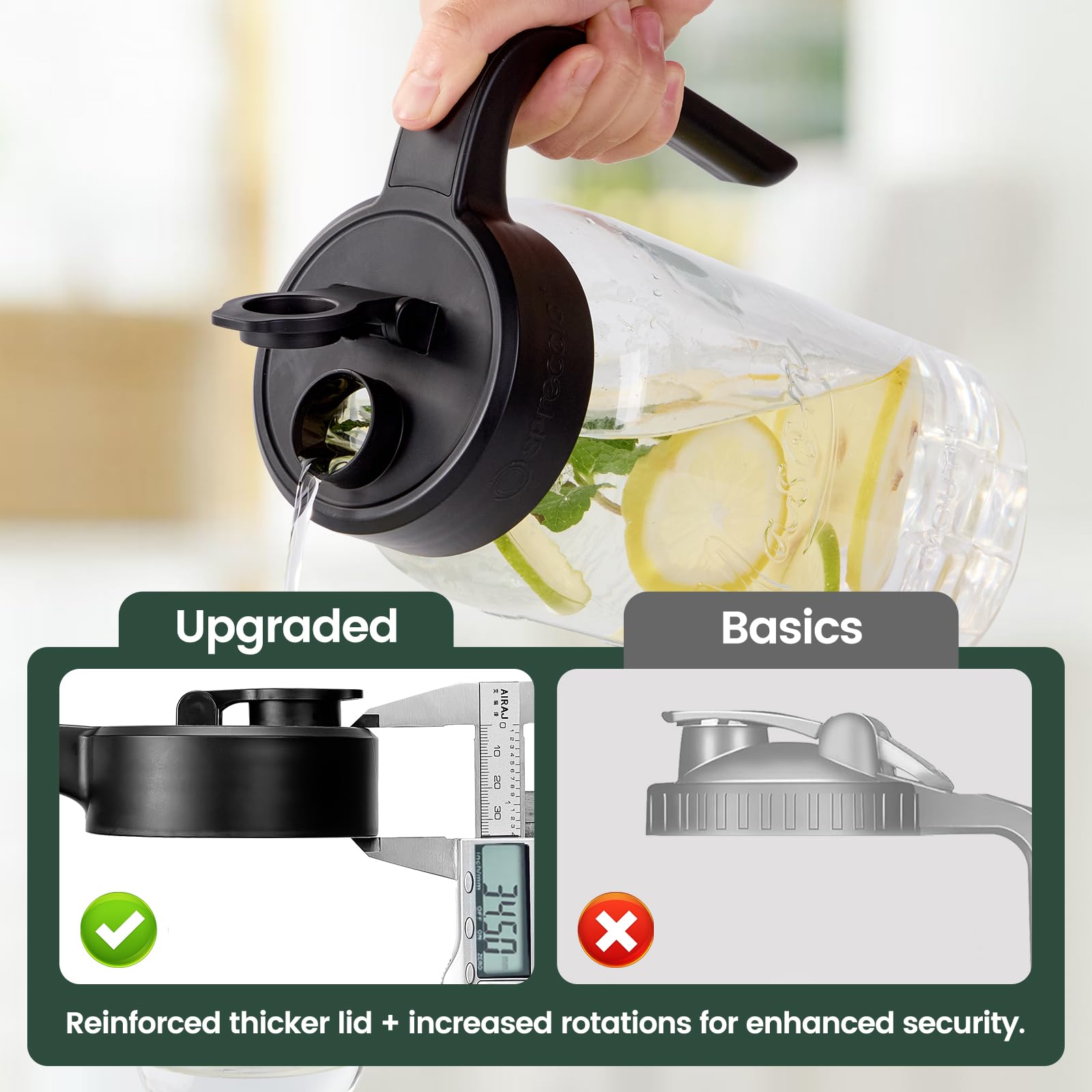 Spreccio Mason Jar Pitcher leakproof seal preventing leaks in fridge or on counter.