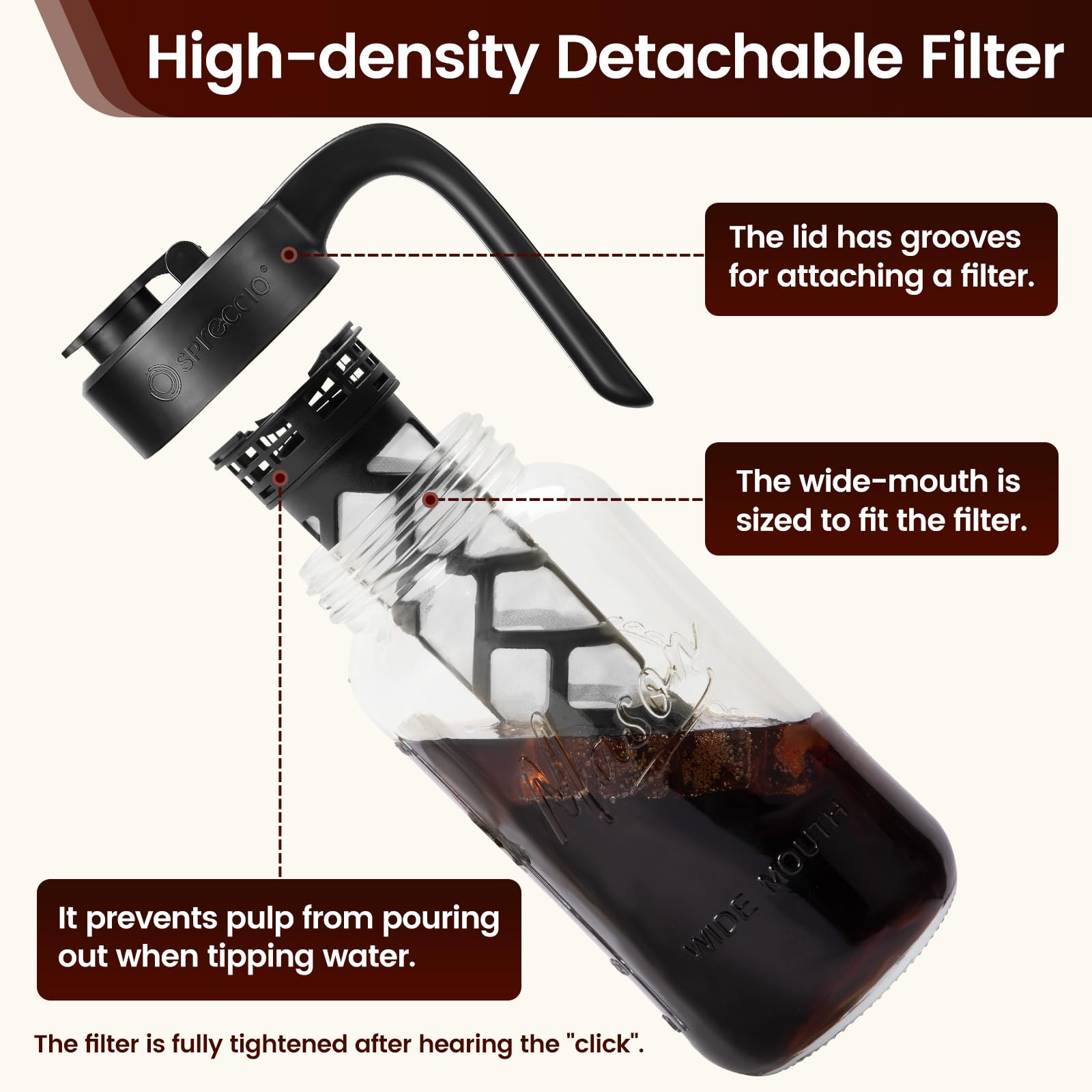 Spreccio wide-mouth pour spout ensures smooth, spill-free servings.