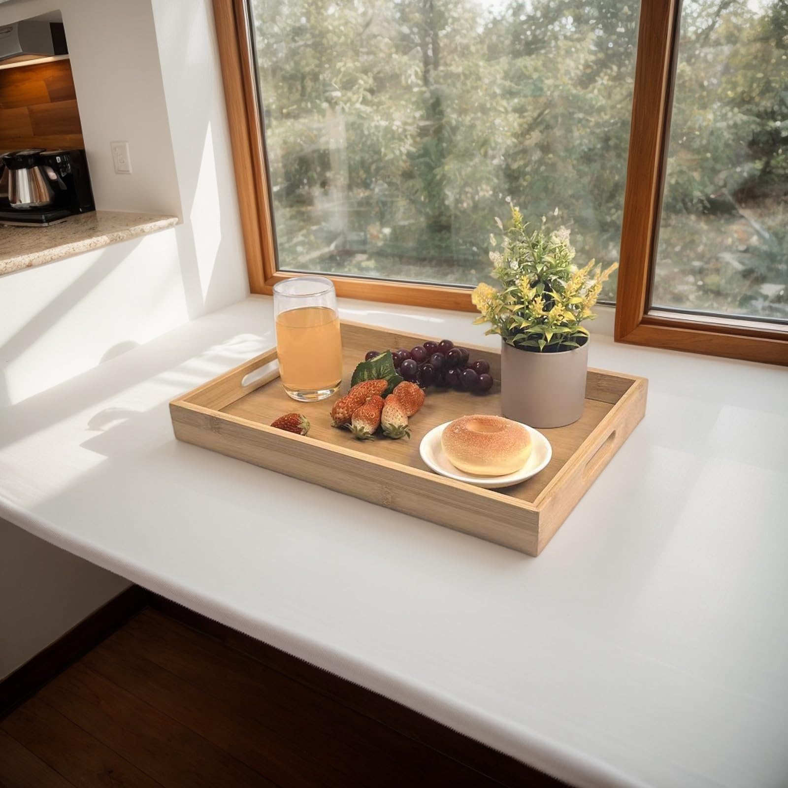 Sprieny serving tray with handles enables effortless carry during meals.