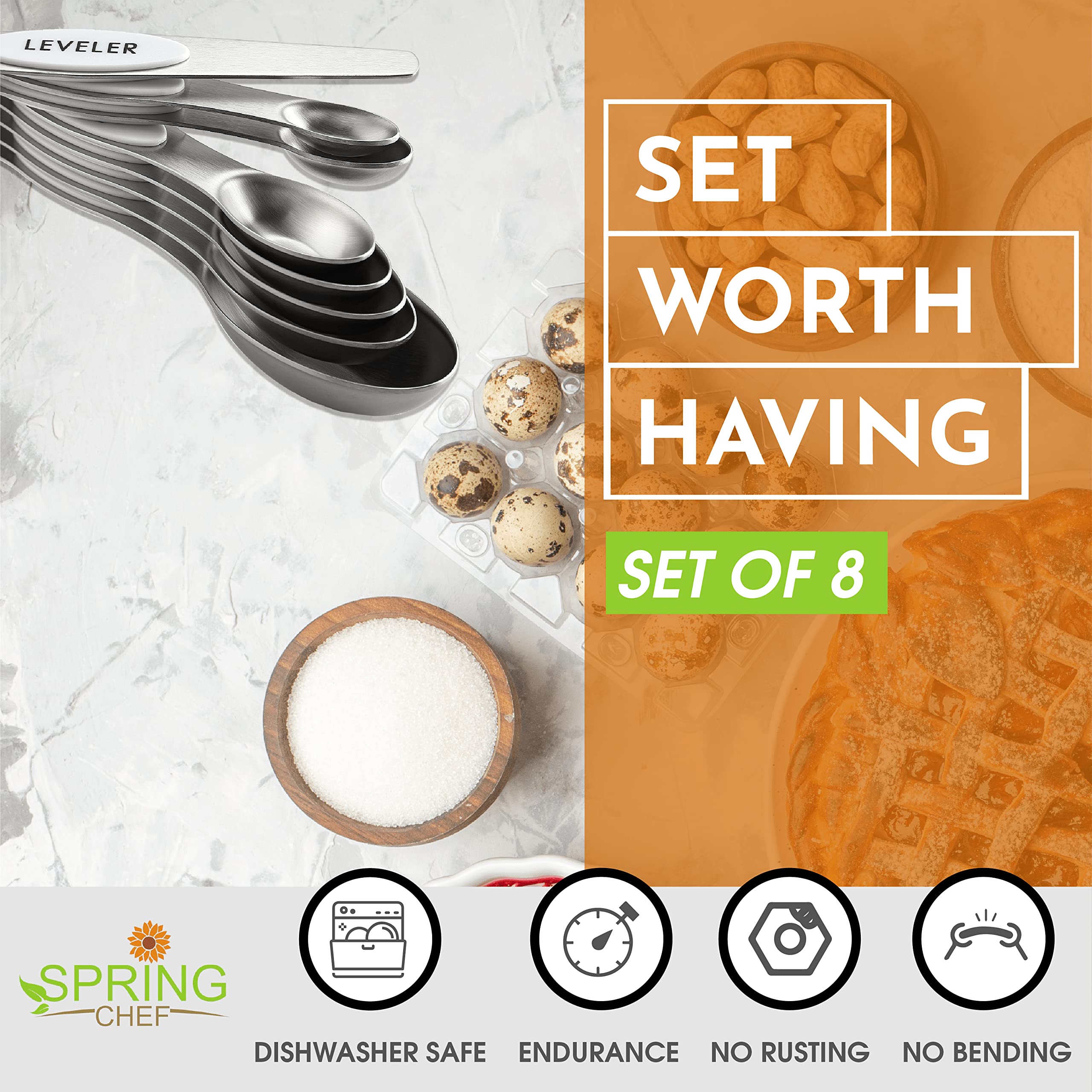 Spring Chef 8-piece set includes a leveler for exact measurements
