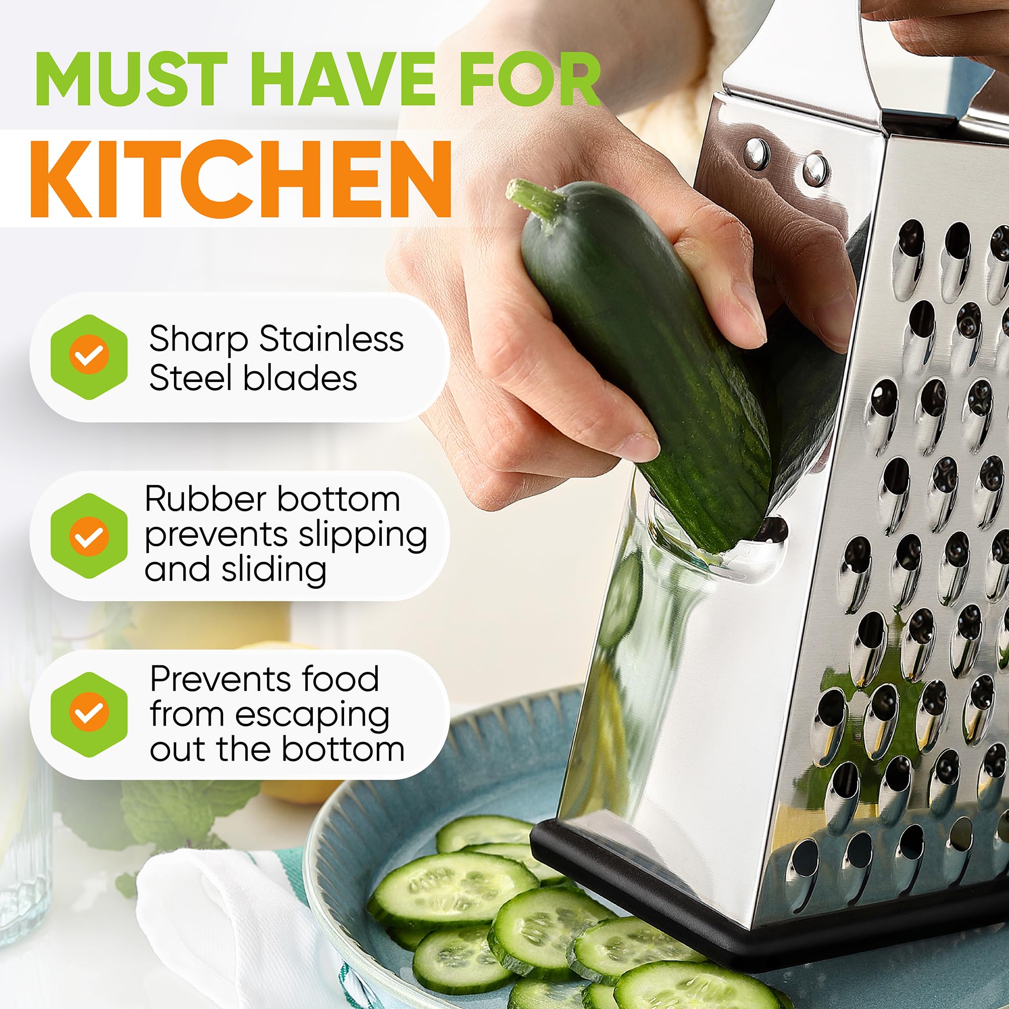 Spring Chef box grater sharp blades closeup emphasizes fast, precise grating for cheese and veggies.