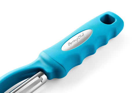 Spring Chef teal peeler close-up—stainless steel blades promise lasting sharpness.