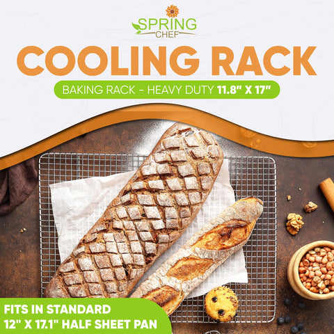 Spring Chef cooling rack in half-sheet pan showing fit.