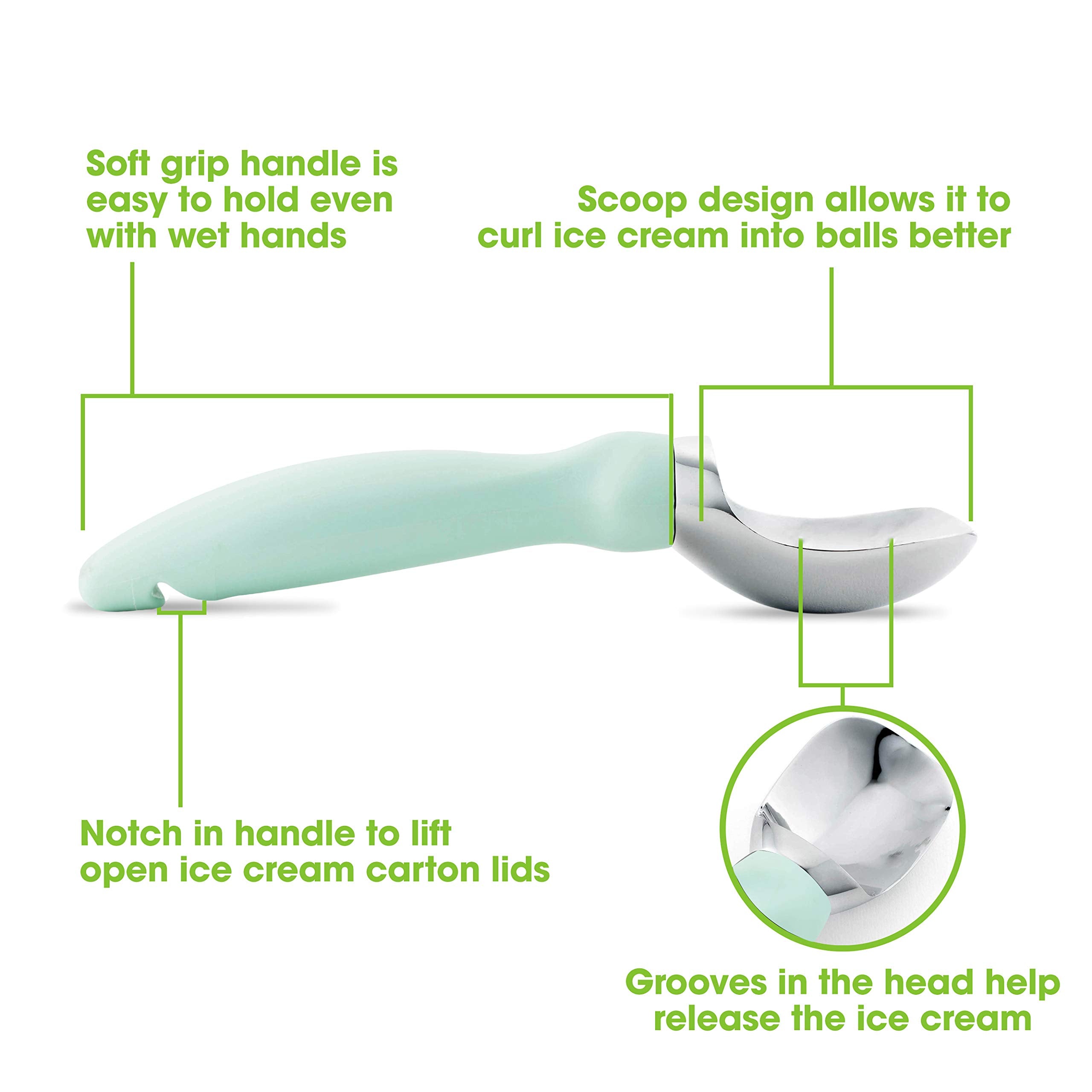 Spring Chef curved-design ice cream scoop enables even, rounded scoops.