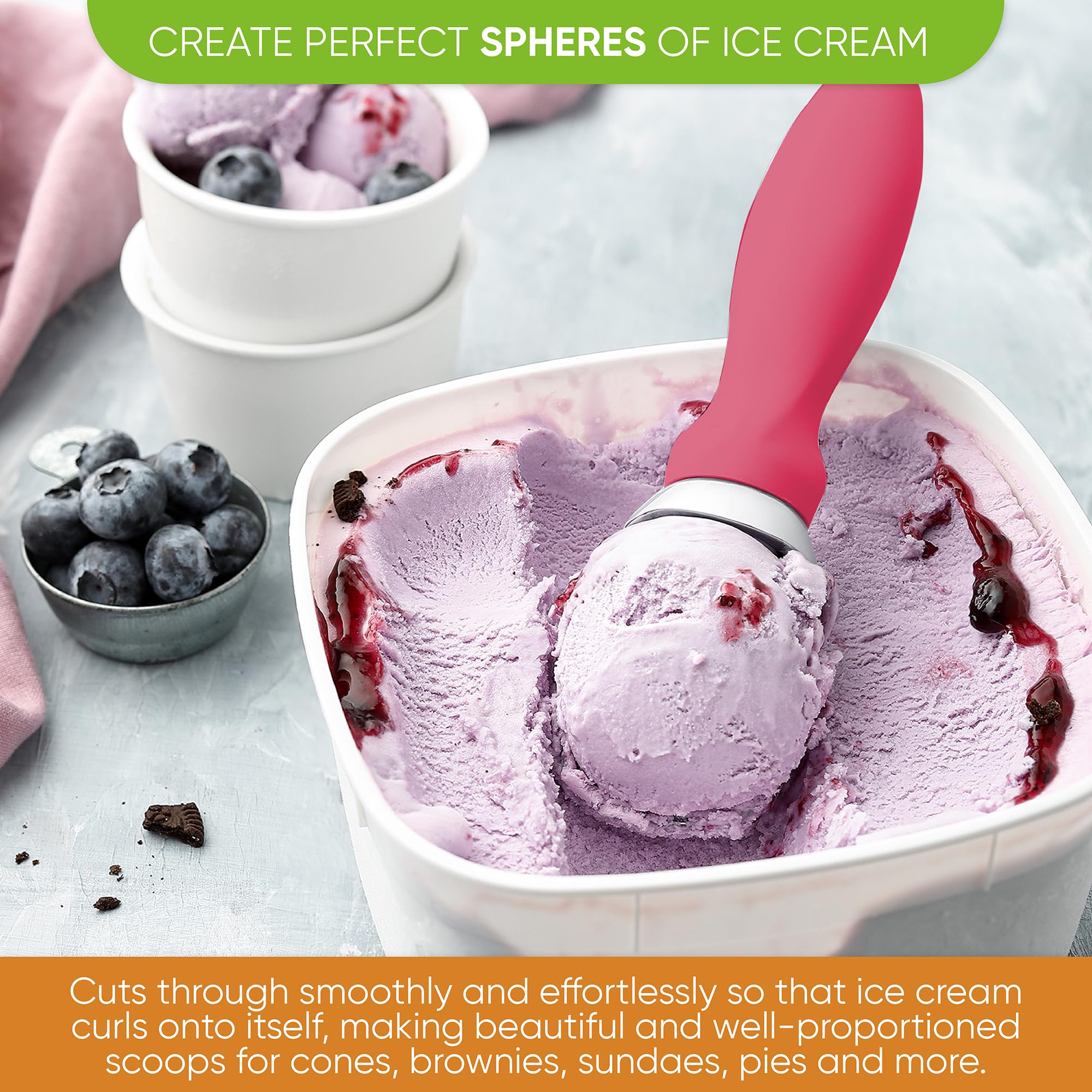 Spring Chef curved-edge scoop creates smooth curls for cone presentation.
