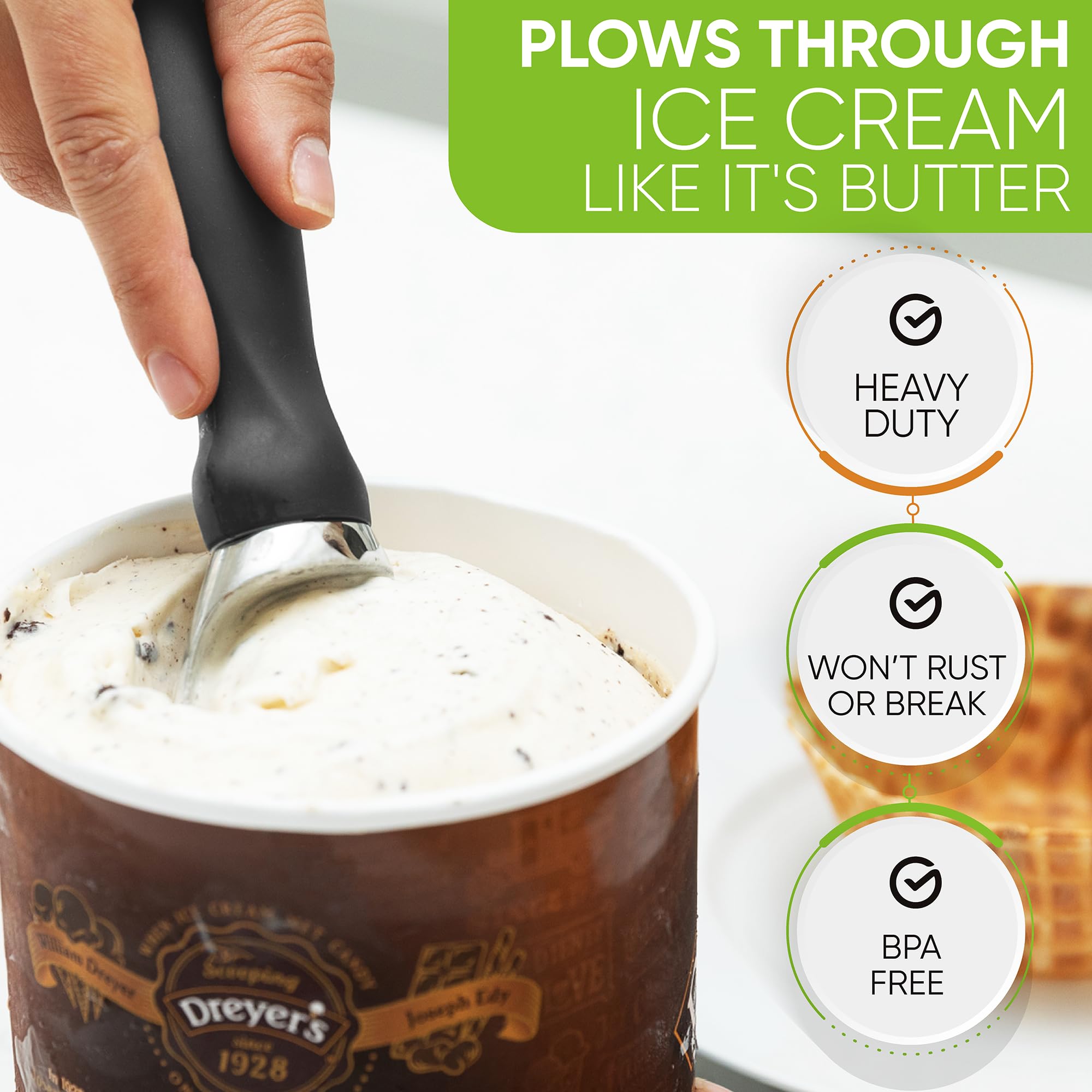 Spring Chef curved edge reaches carton corners for thorough scooping.