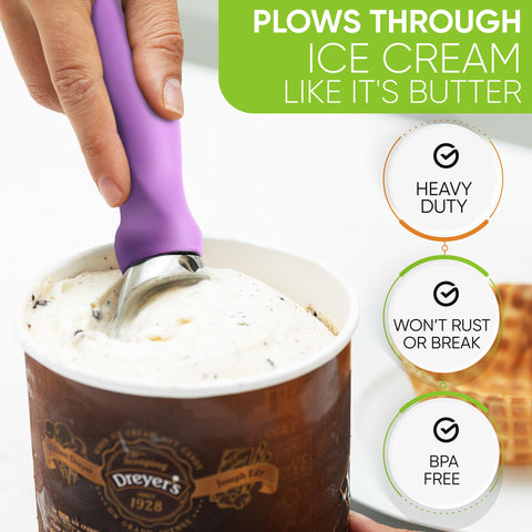 Spring Chef ice cream scoop glides through hard dessert for effortless servings.