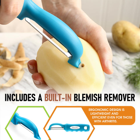 Spring Chef dishwasher-safe peeler teal—easy cleanup after meal prep.