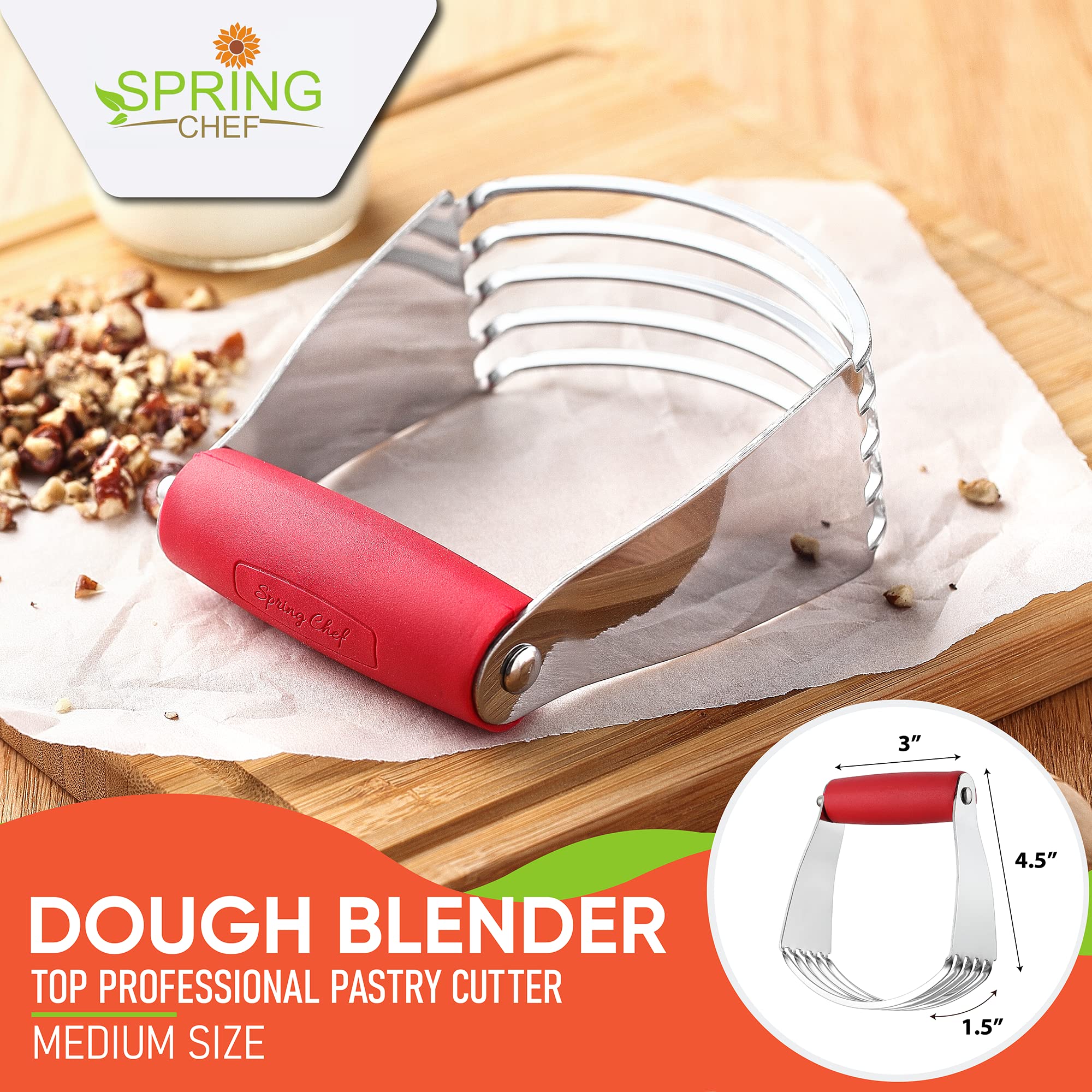 Spring Chef dough blender red blades close-up highlights sturdy stainless steel for even blending.