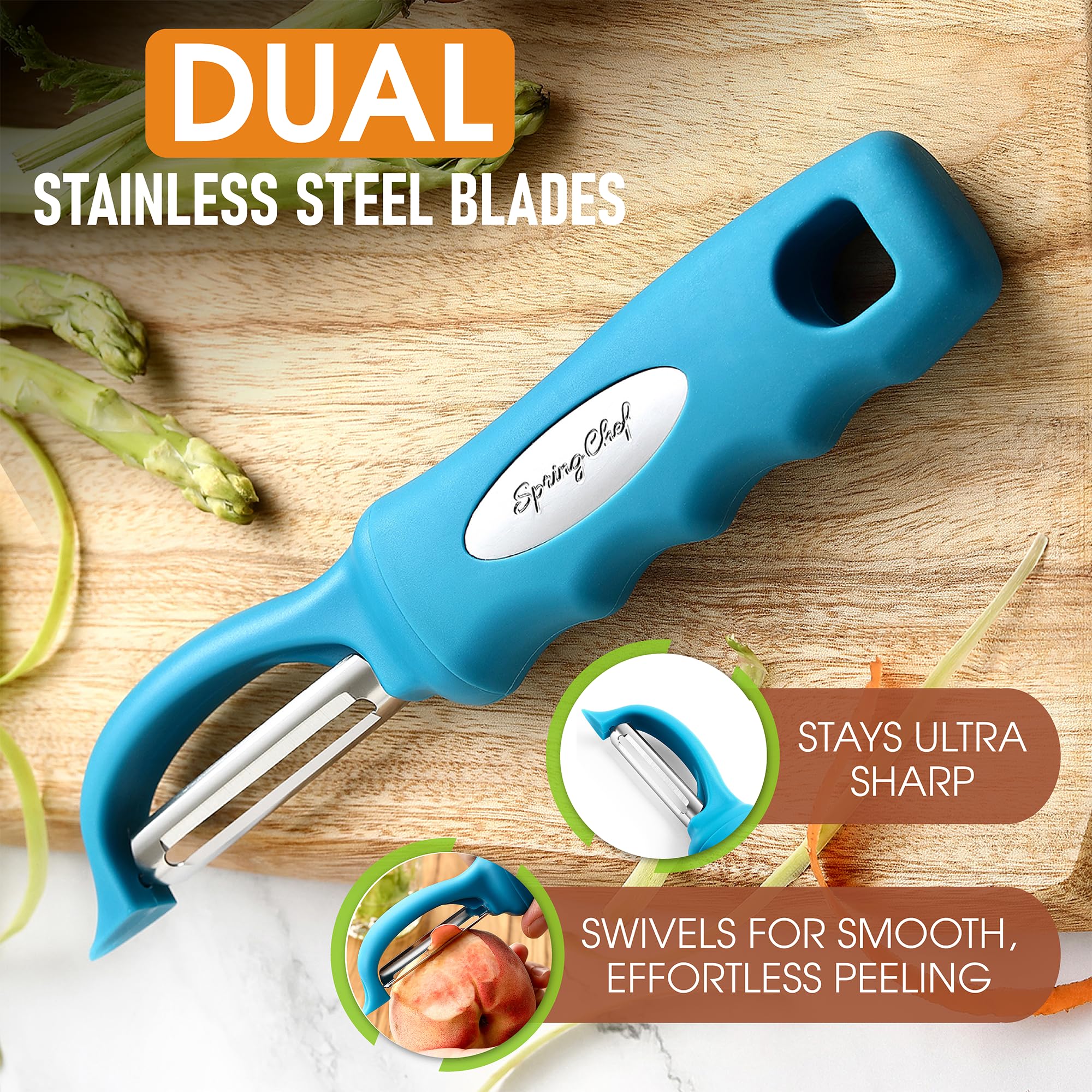 Spring Chef dual-blade peeler teal—efficient skin removal with minimal waste.