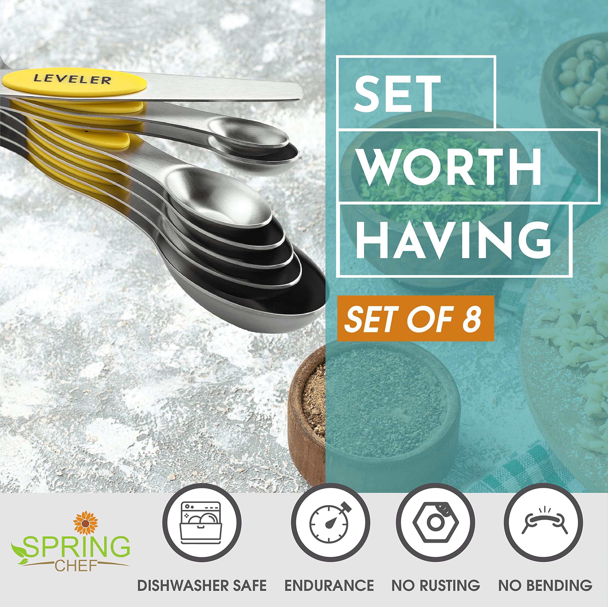 Spring Chef dual-sided spoons with oval end fit spice jars neatly.