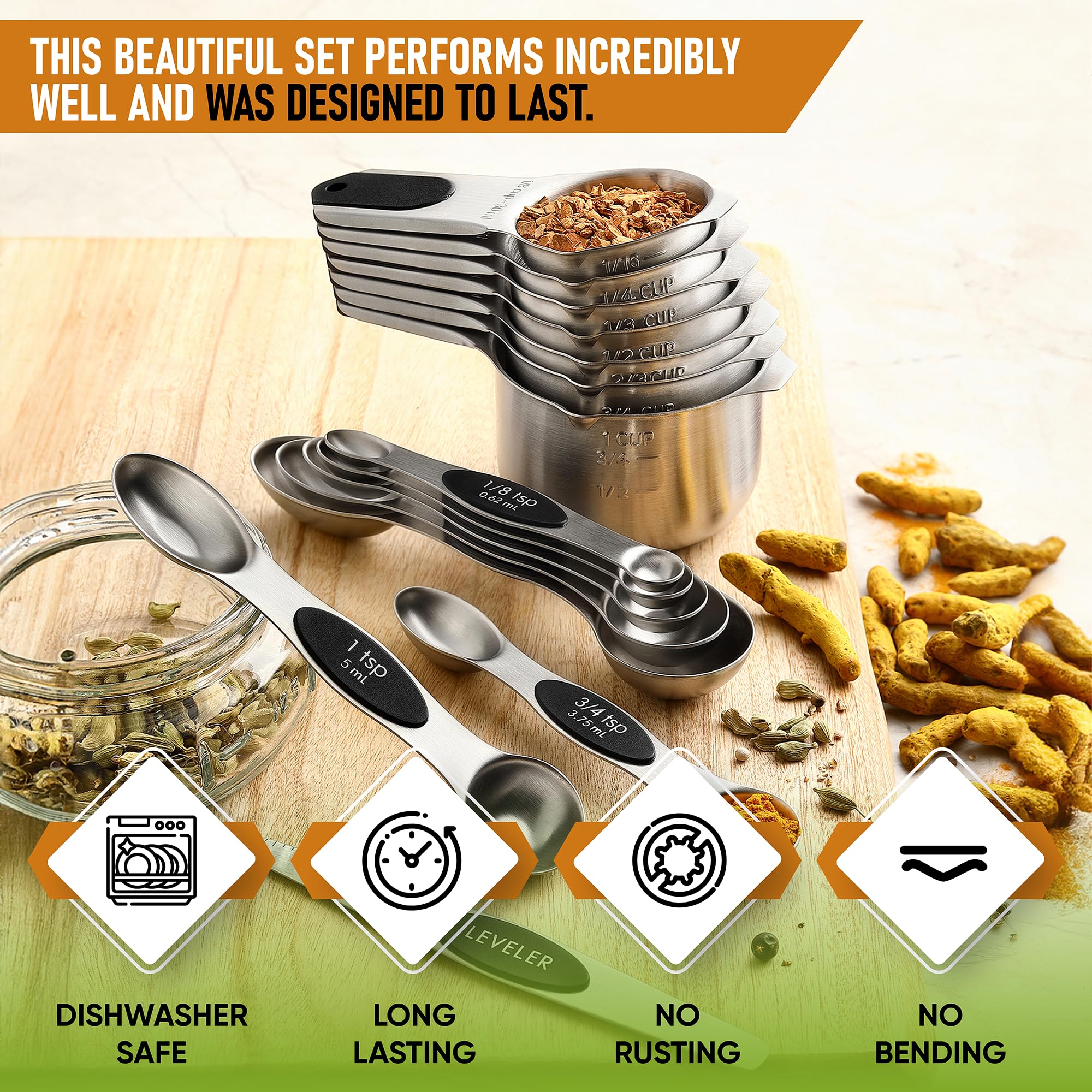 Spring Chef dual-sided spoons with oval tips fit into spice jars.