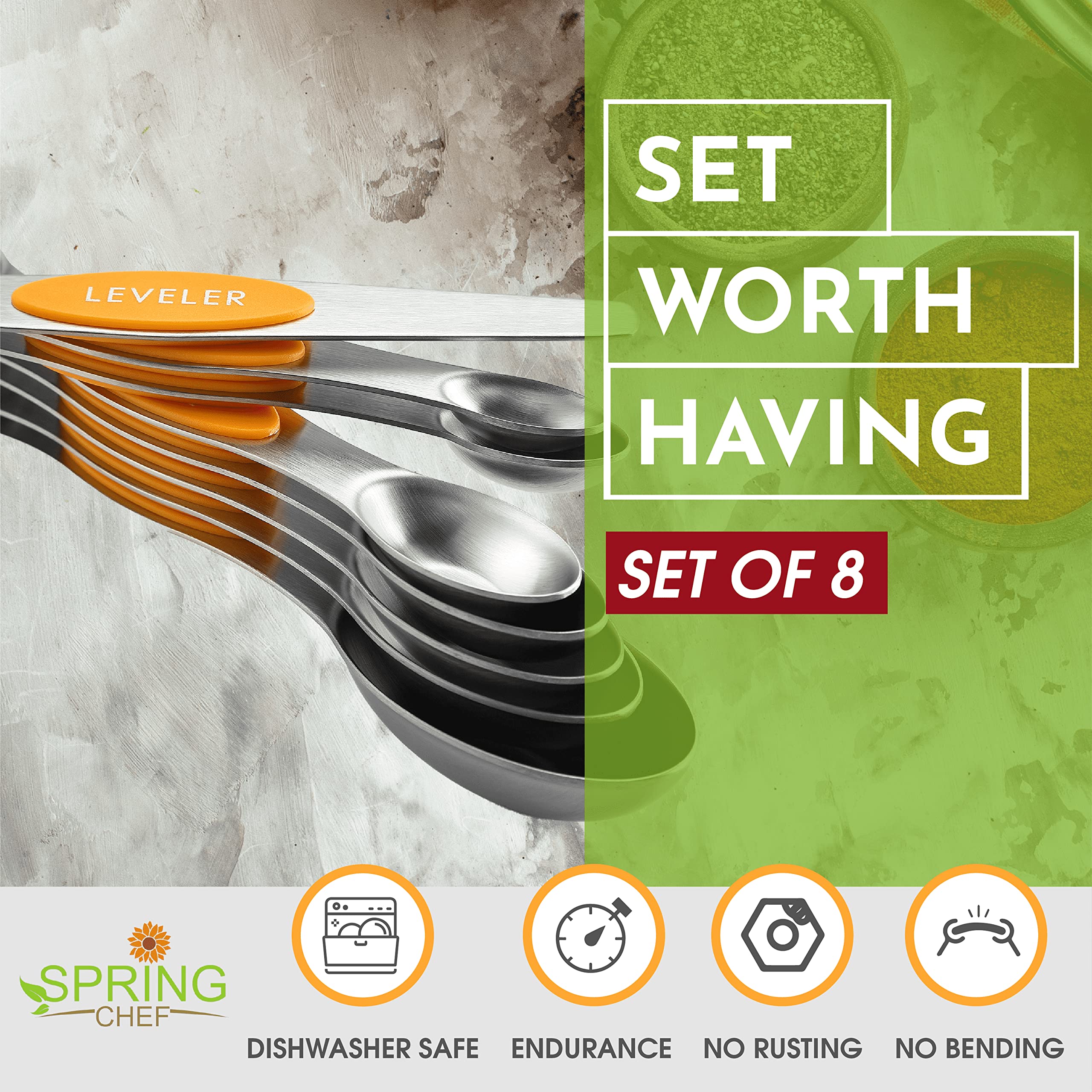 Spring Chef Mango dual-sided spoons provide spice jar access and liquid measuring.