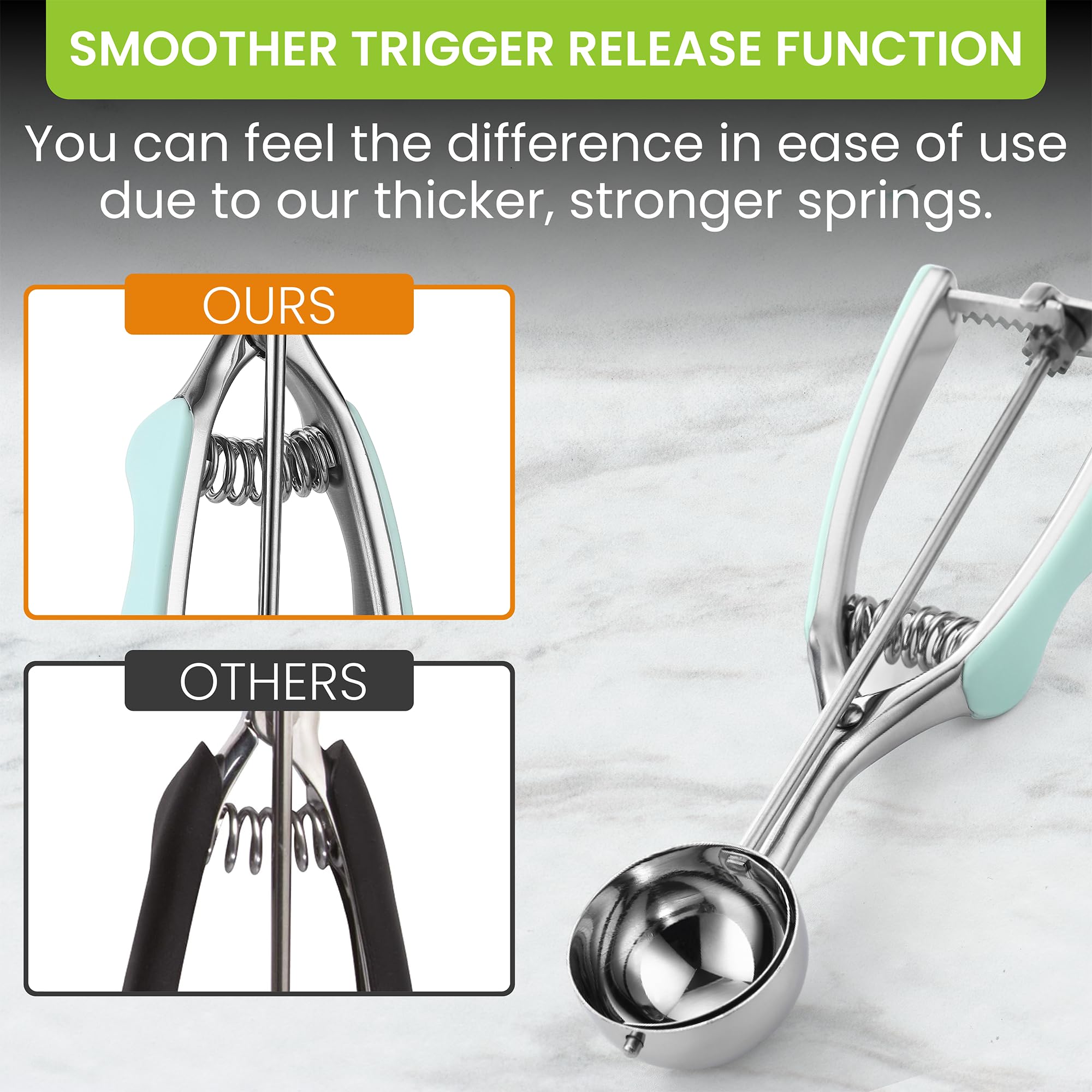 Spring Chef ergonomic handle provides comfortable grip during scooping.