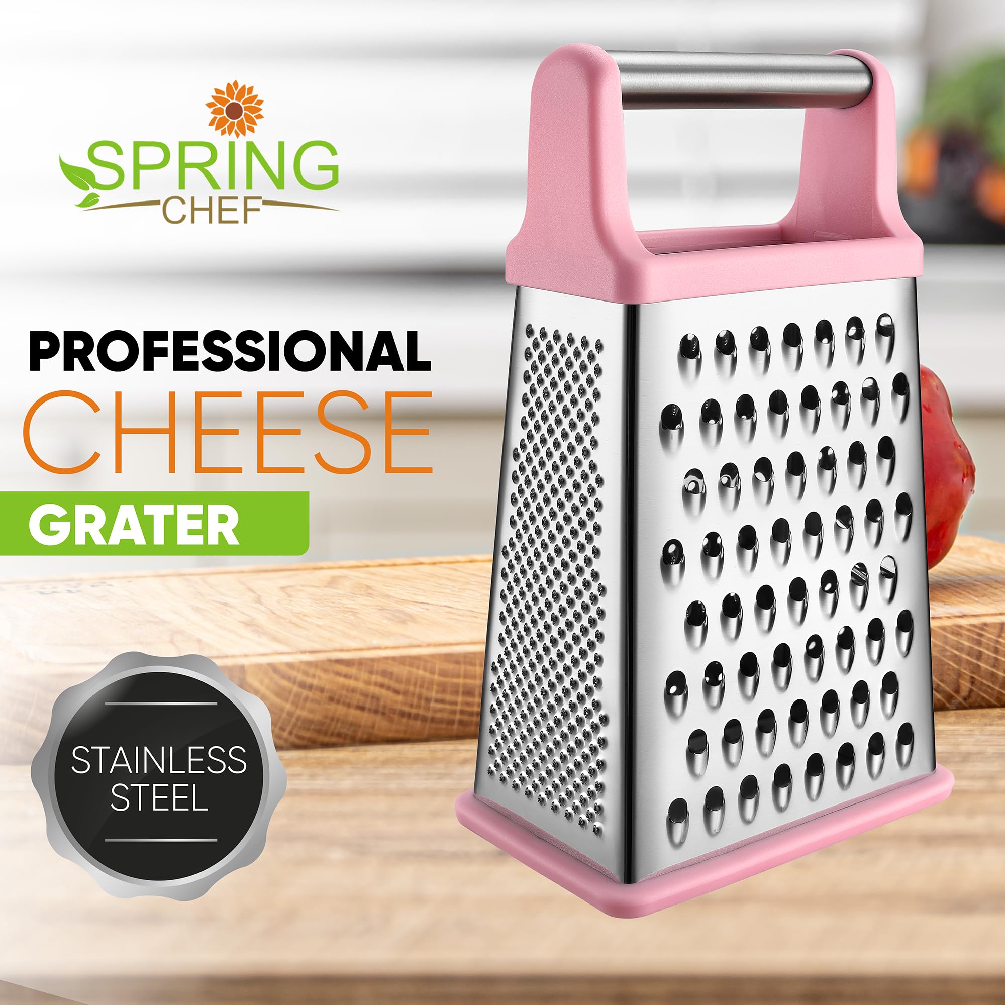 Spring Chef four-sided box grater offers multiple surfaces for cheese, zest, and slicing.