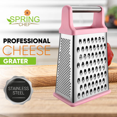 Spring Chef four-sided box grater offers multiple surfaces for cheese, zest, and slicing.