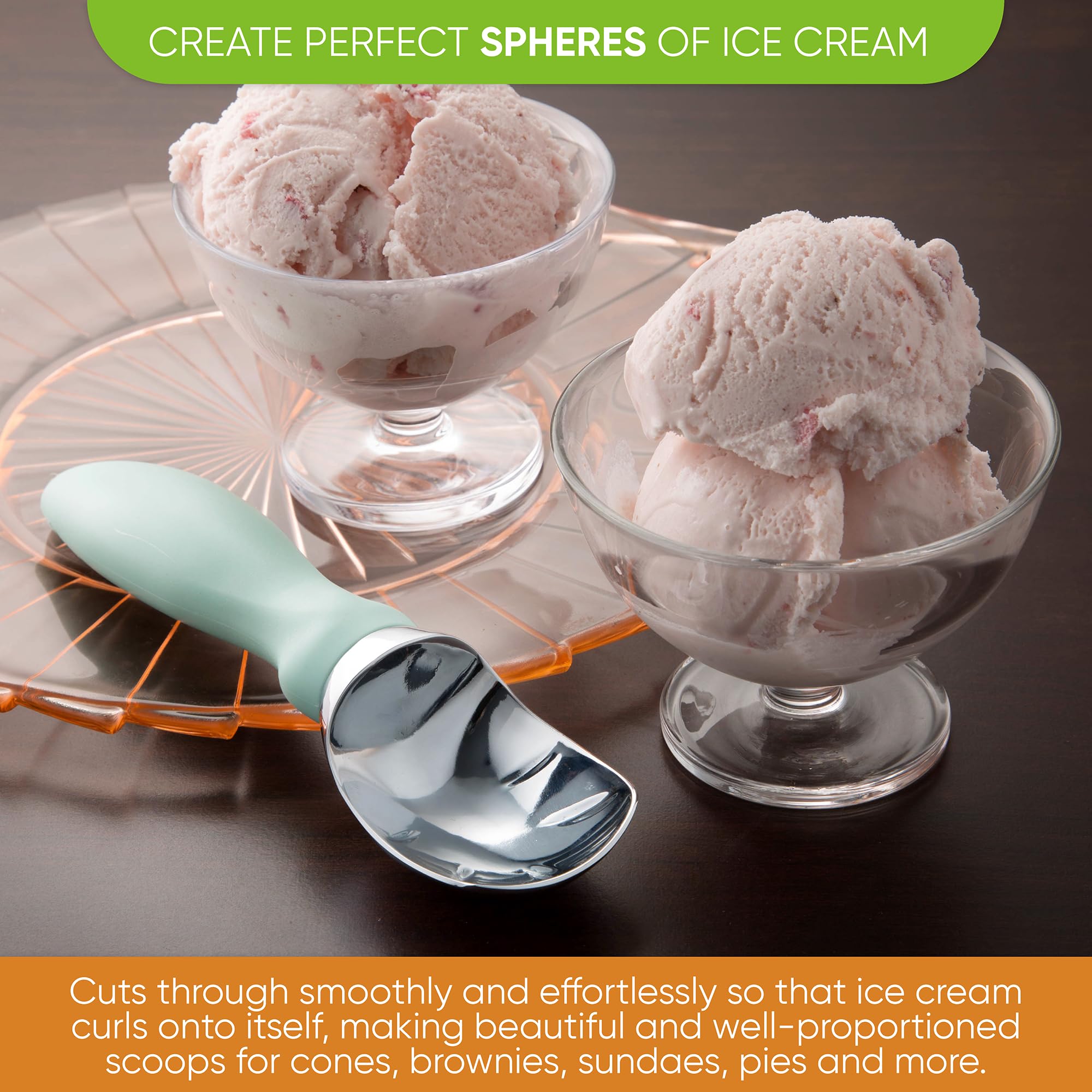 Spring Chef ice cream scoops glide smoothly to create curls and even portions.