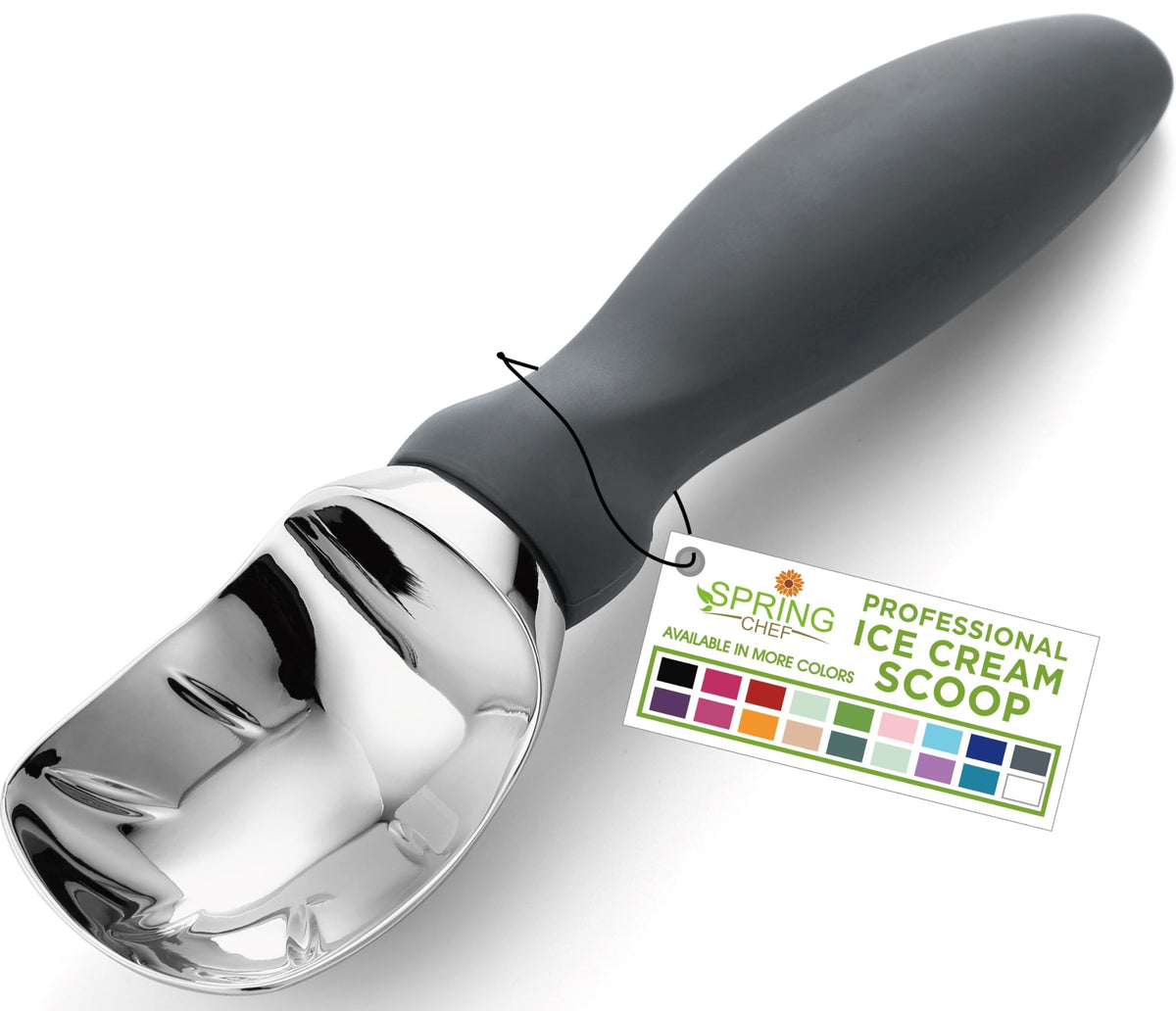 Spring Chef gray heavy-duty ice cream scoop glides smoothly for perfect spheres.