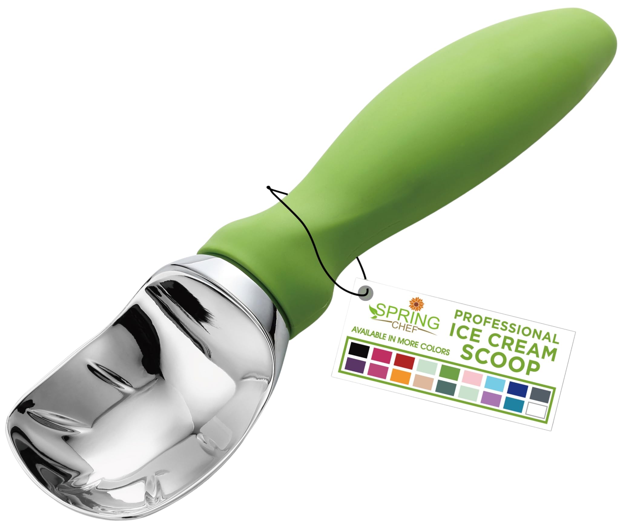 Spring Chef green heavy duty ice cream scoop with handle ready to glide through hard ice cream.