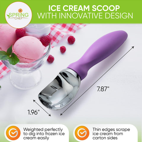 Spring Chef heavy-duty ice cream scoop, dishwasher safe, ideal for dense frozen treats.