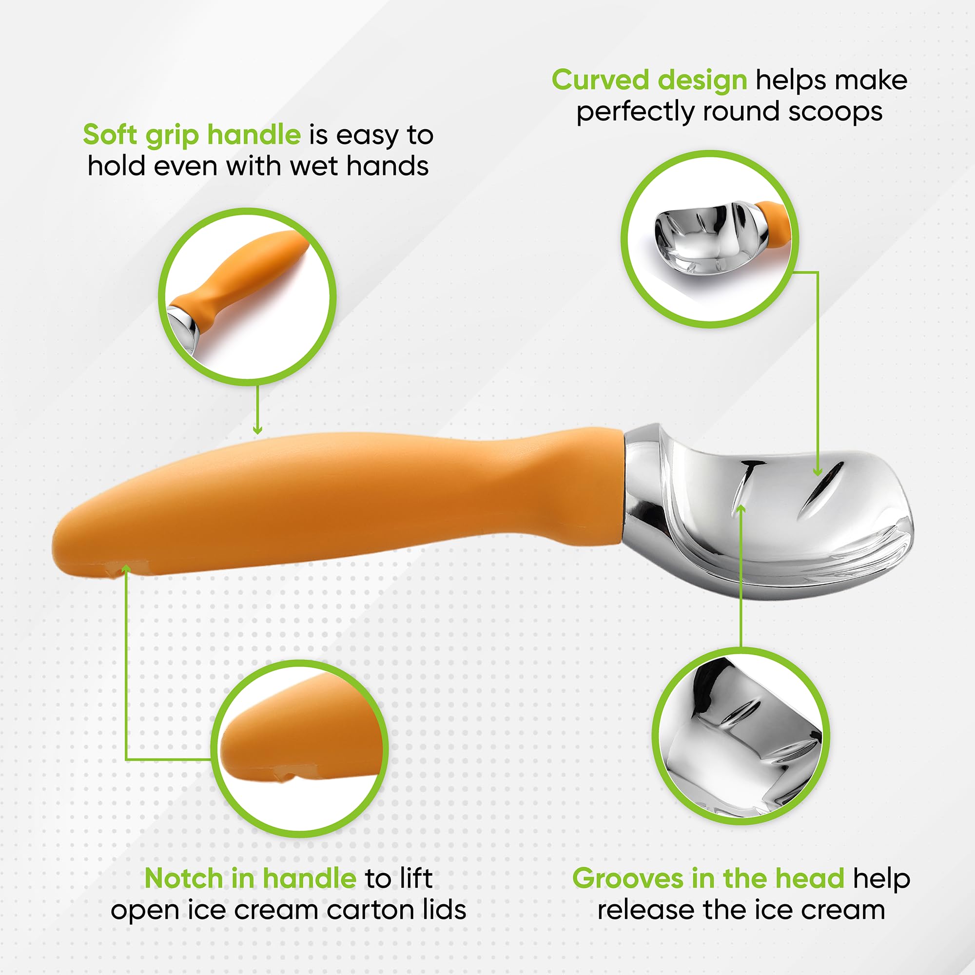 Spring Chef scoop with curved design creates perfect ice cream curls