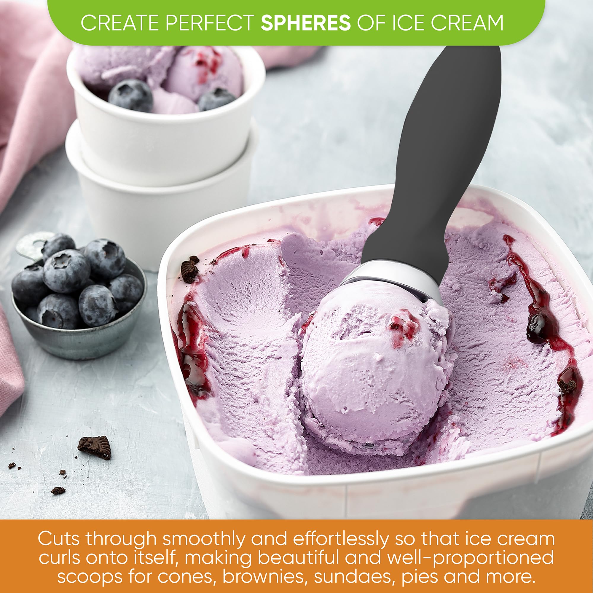 Spring Chef curved-design ice cream scoop creates elegant curls for desserts.