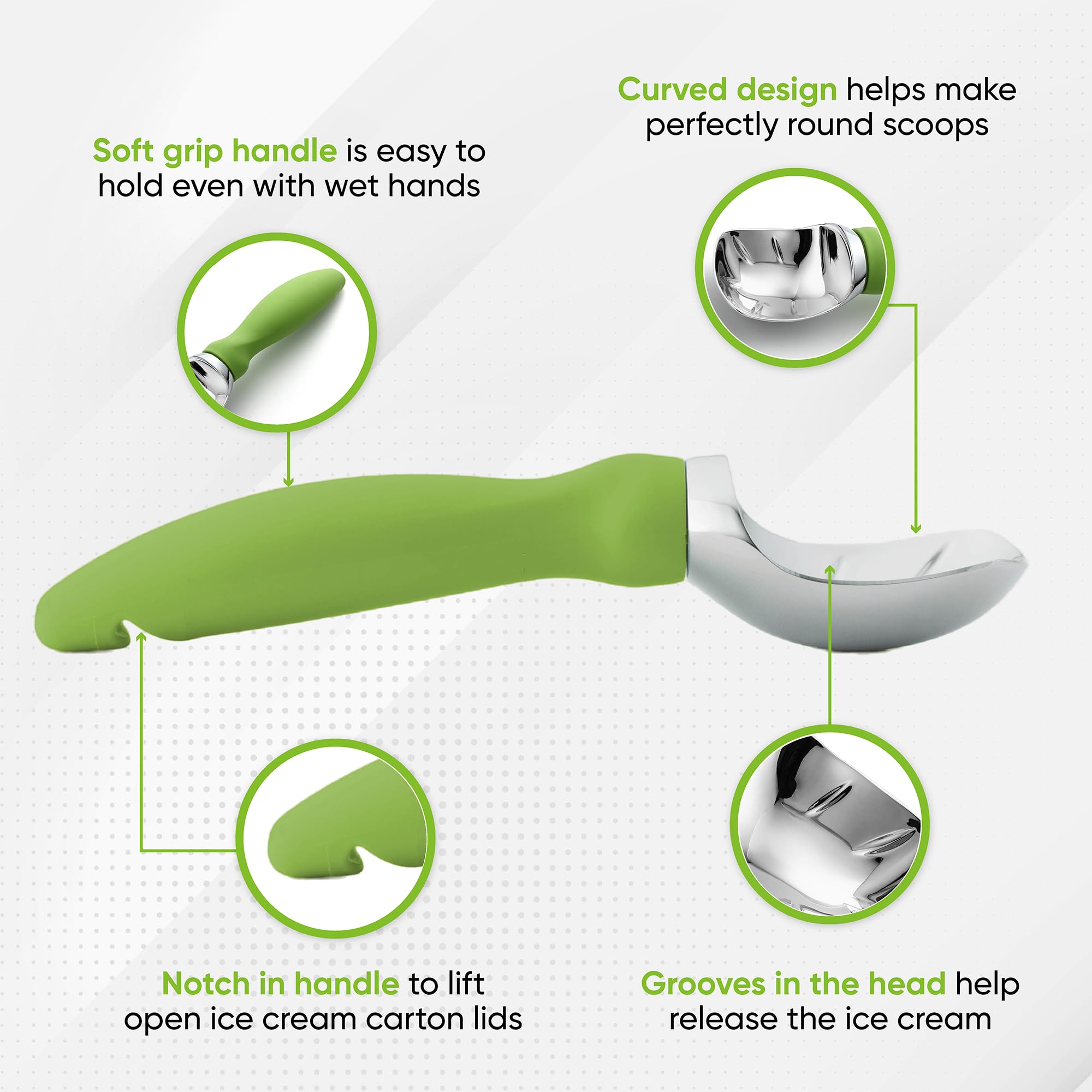 Spring Chef ice cream scoop curved-edge design for perfect gelato curls.