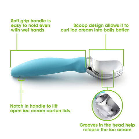 Spring Chef scoop with curved edge designed to dig into hard ice cream.