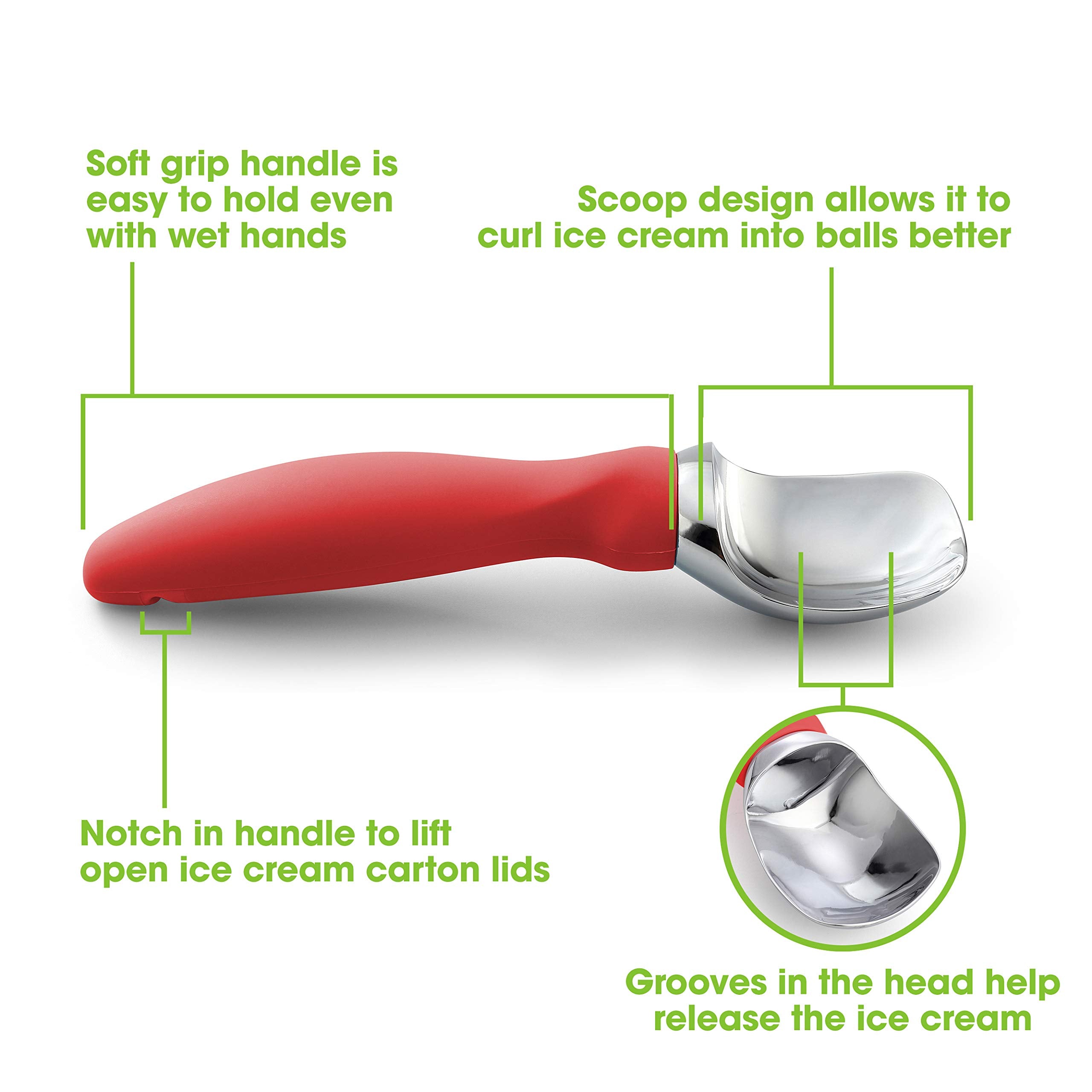 Spring Chef ice cream scoop curved edge creates perfect spheres.