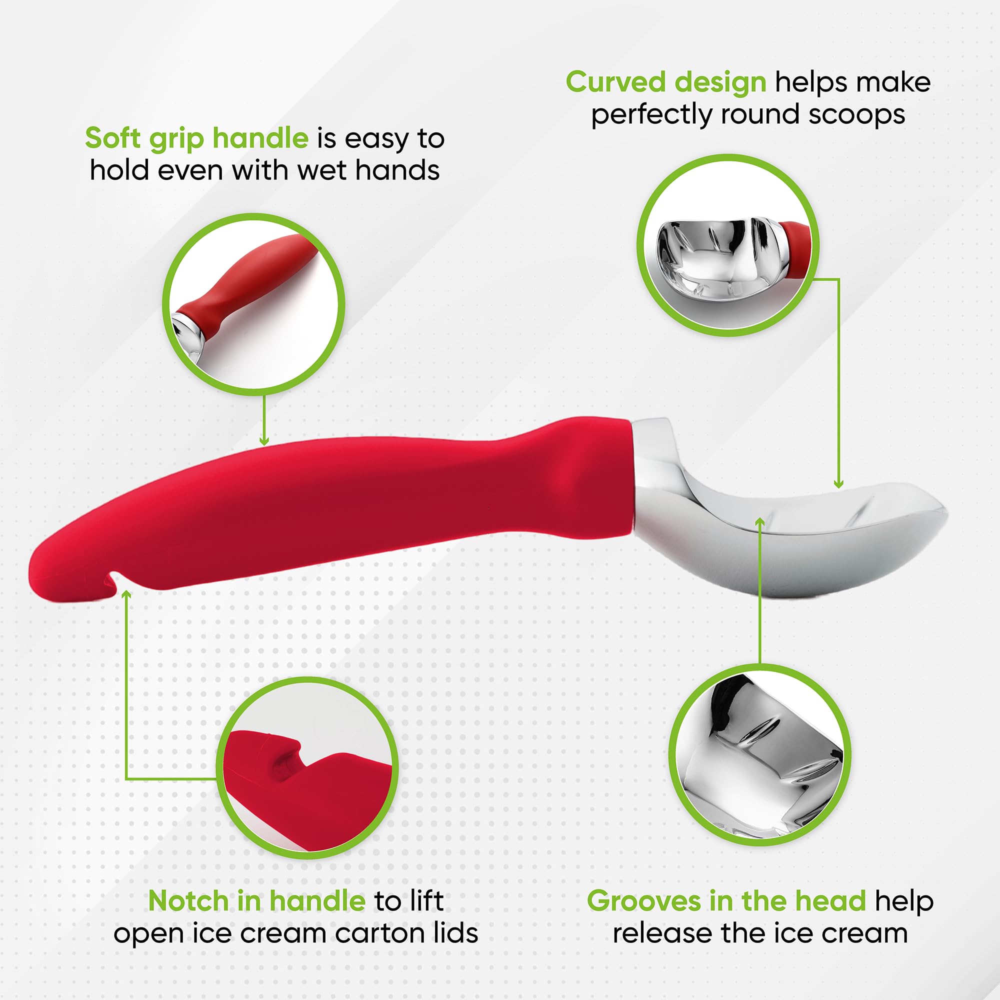 Spring Chef ice cream scoop curved edge creates elegant gelato curls.