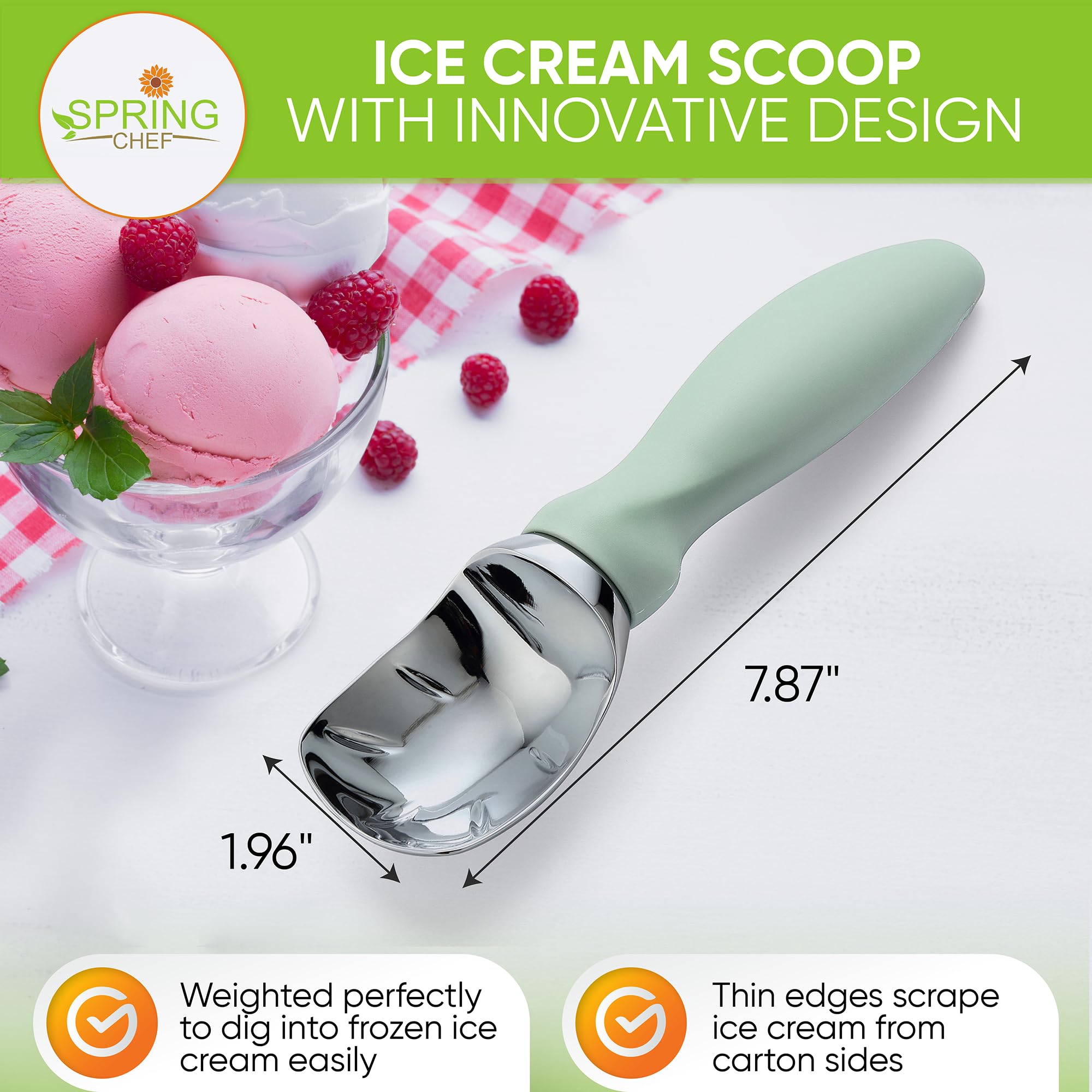 Spring Chef ice cream scoop close-up shows curved edge for curling scoops.